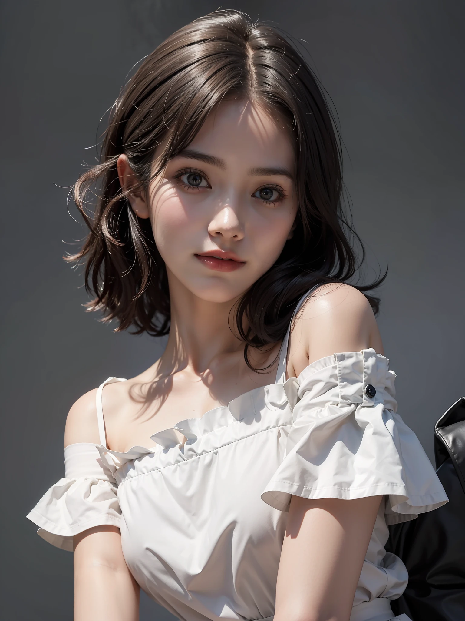 1girll, bshoulders, ssmile, adolable, waist-up, deep shading, in the darkness nigth, Low profile
Best quality,tmasterpiece,(Photorealsitic:1.4)Photo texture,14 Years Old Girl