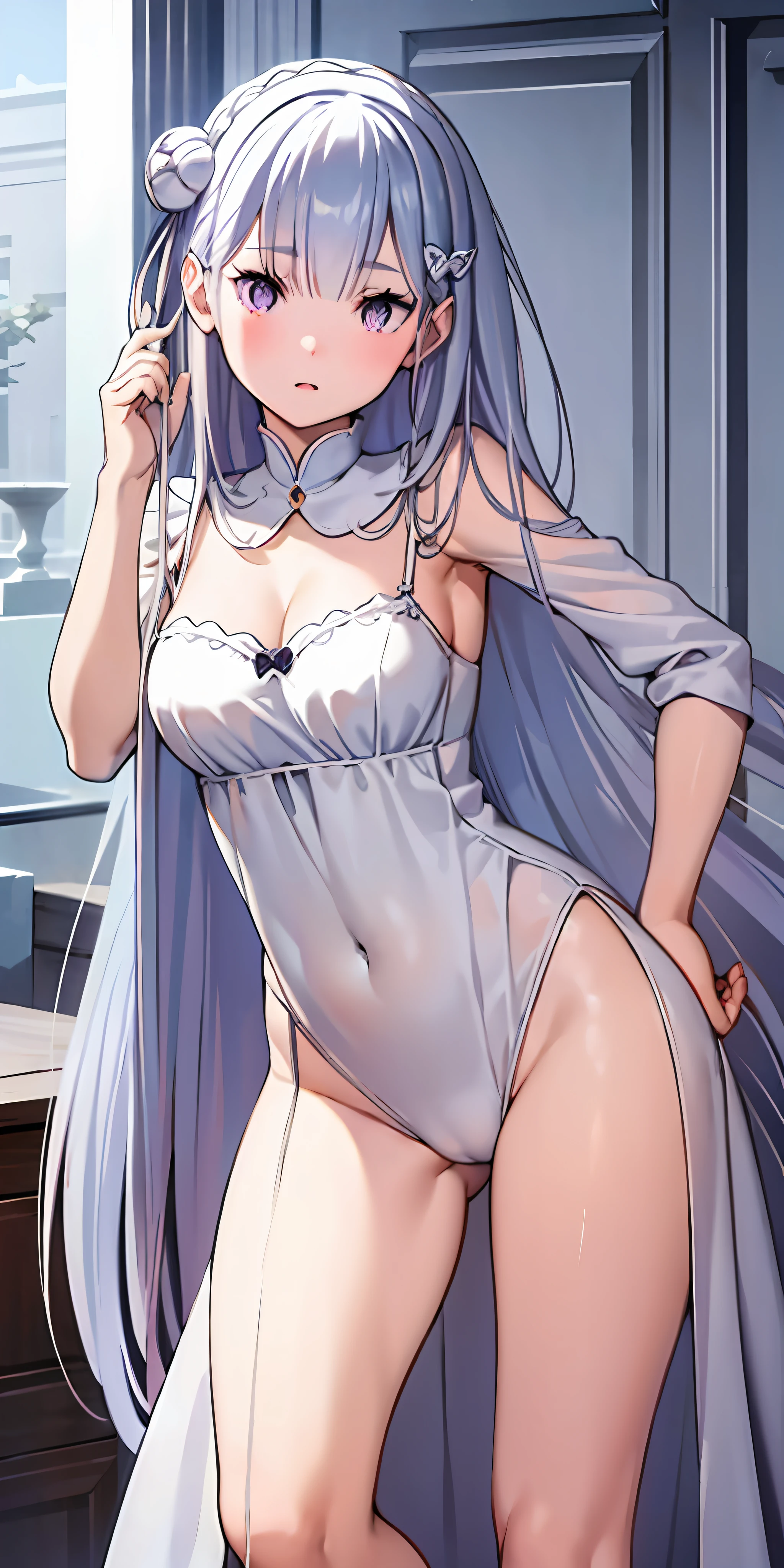 Emilia, Emilia_\(re:zero\), pequeno, cara bonita, beautiful face, lingerie, sexy, kawaii menina, magro, seios medios salientes, Feliz, lingerie detalhada, sexy, fechar para cima, Loving you, 
(master part, best quality:1.2) decote, roupa transparente