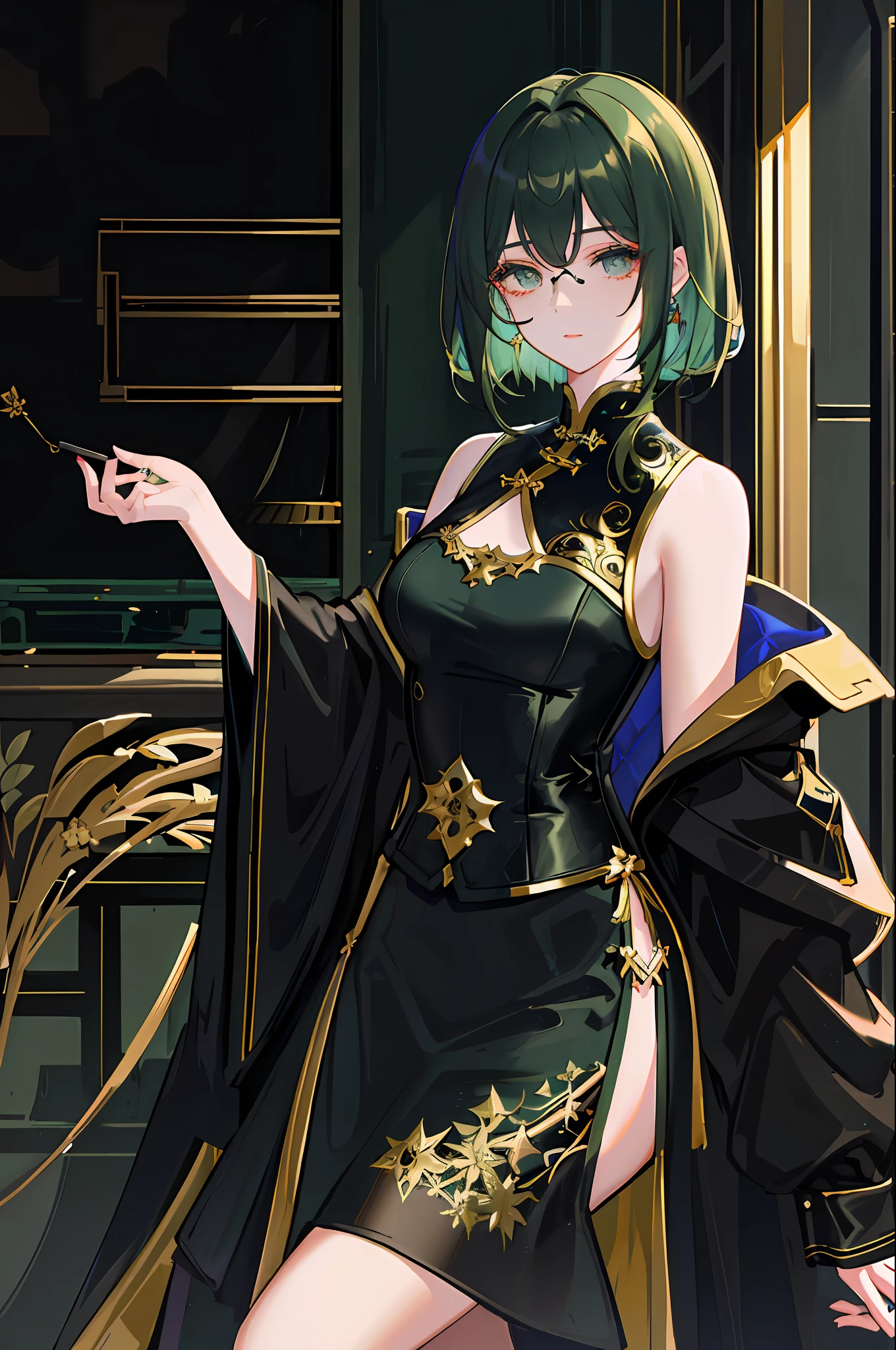(Masterpiece, side-lighting, Ultra-detailed, fine detailed beautiful eyes: 1.2), 1girll, 1girll,nightcity,Sateen,Dark green hair,short detailed hair,Black eyes,Chinese outfit,eye glass,Indifferent expression