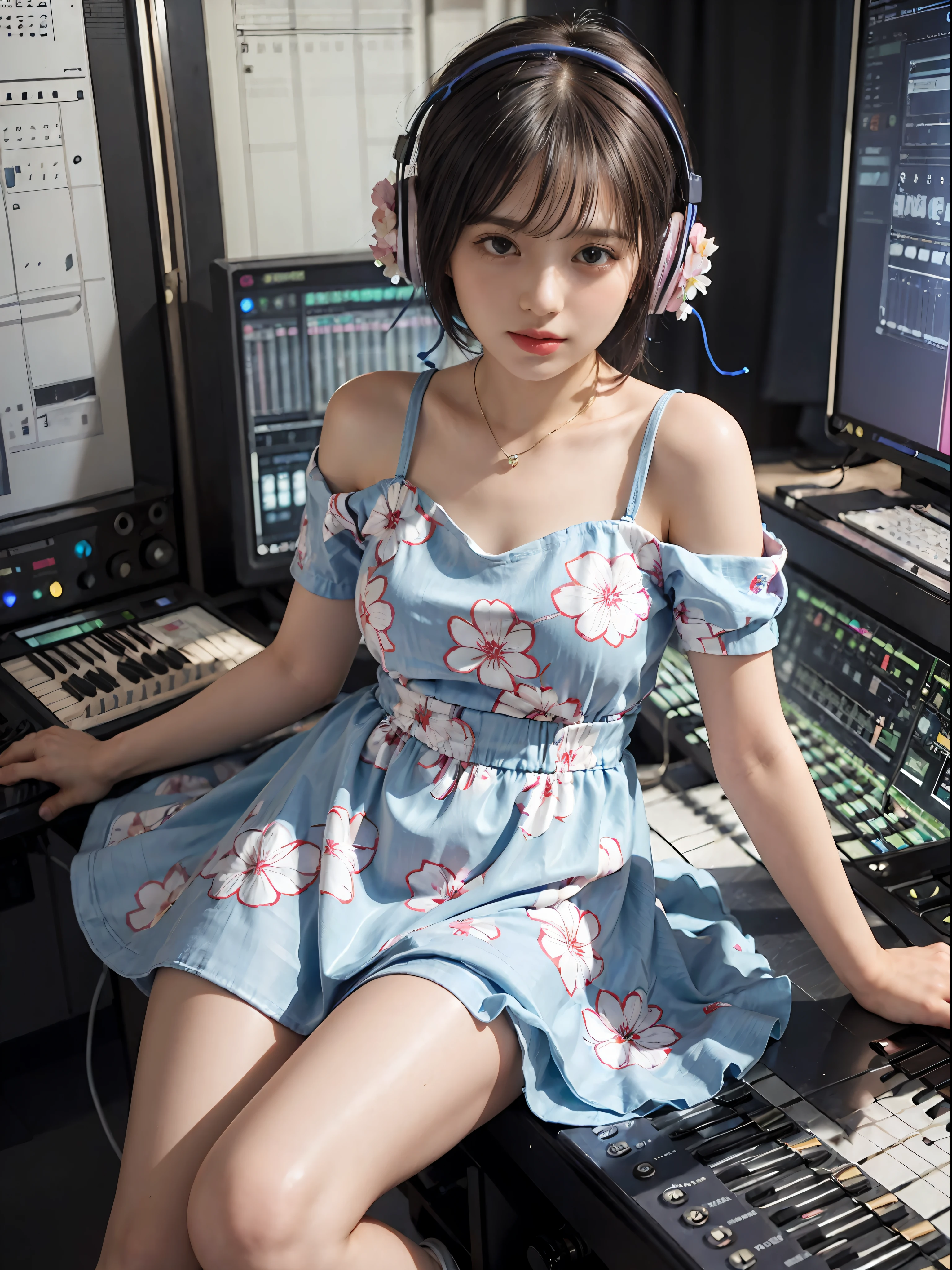 Best Quality, masutepiece, (Photorealistic:2), Ultra High Resolution, Highly detailed, A hyper-realistic, 1girl in, ((head phone)), (Longer dress), Floral pattern, colourfull_hair、(((very_Short_hair))), Short hair, Slim body, Full Shot, Looking at Viewer, ((Music Studio)),  Bright atmosphere, spot light, Detailed background