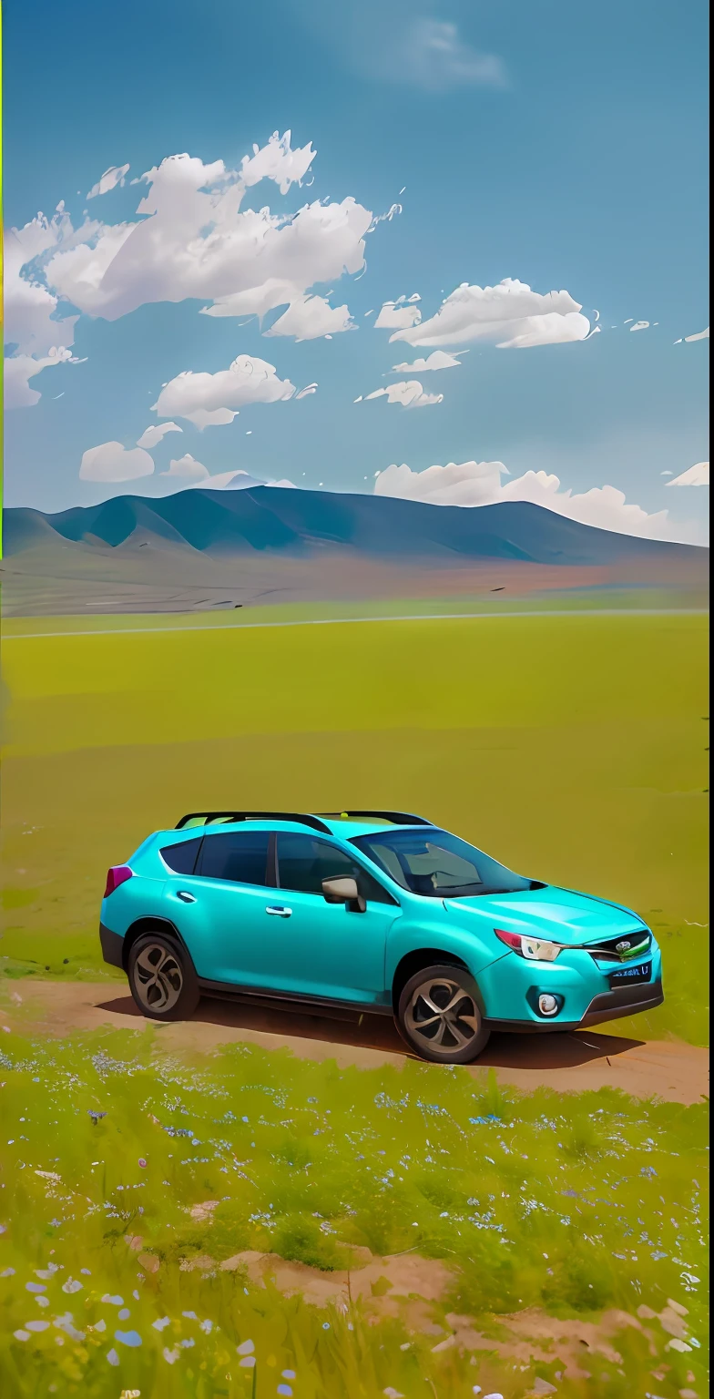 A Subaru car spers across the steppe,bright weather,Lush meadows,Flat steppe,Dynamic,The vista is a clear blue sky,and the border between the steppe and the sky,Turquoise Prairie,Faraway view