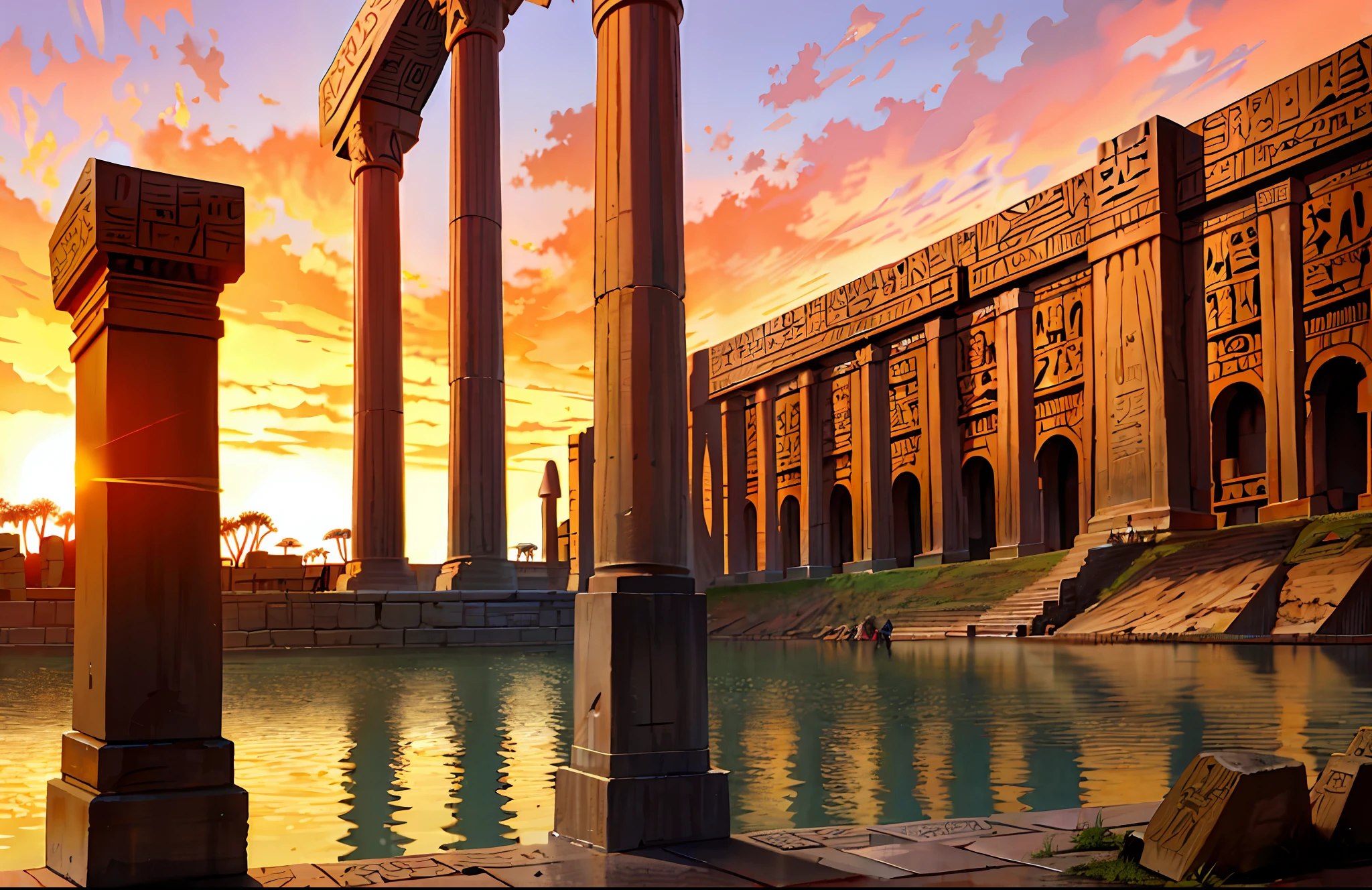 Magnificent ancient Egyptian-style temple,Ancient Egyptian temples,Ancient Egyptian temples,obelisk,Nile River,setting sun,epic sense,Sense of grandeur