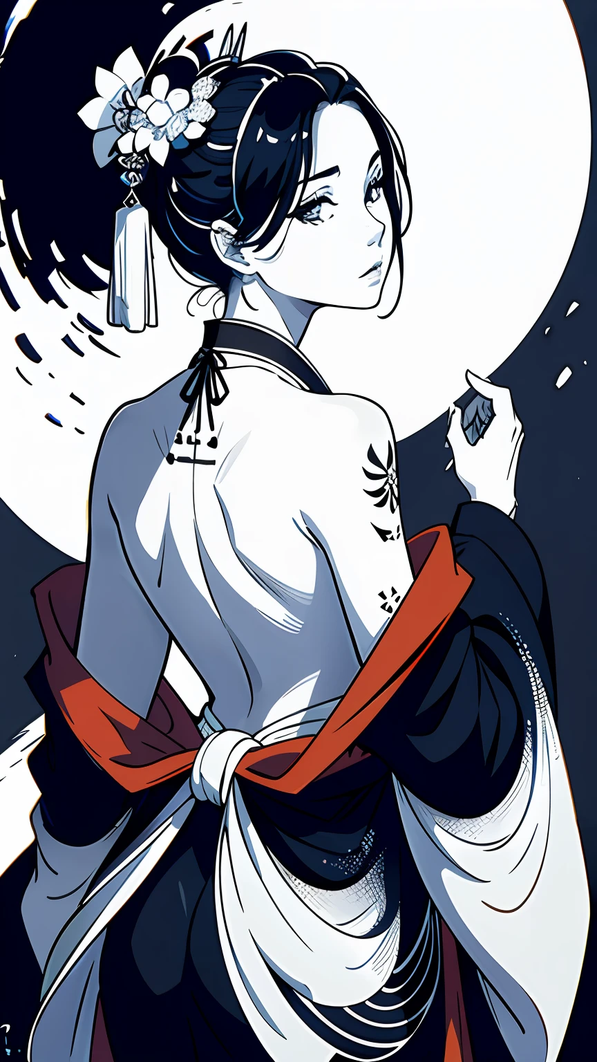 (masterpiece:1,2), best quality, masterpiece, highres, original, extremely detailed wallpaper, perfect lighting,geisha, kimono,Bare shoulder,back,Turn back,tattoo,(((Black and white))),Extreme detail,solo,Cold eyes,look up,Glowing eyes,byobu,