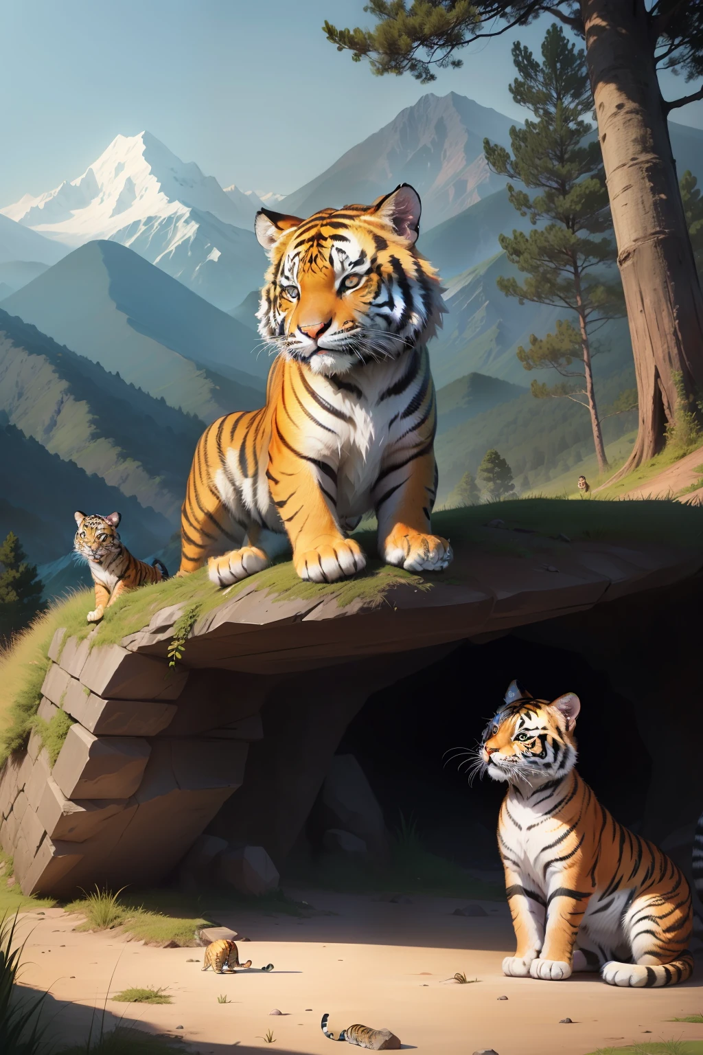In a forest，A tiger and a kitten live，Tigers live on top of mountains，The kitten lives at the foot of the mountain。