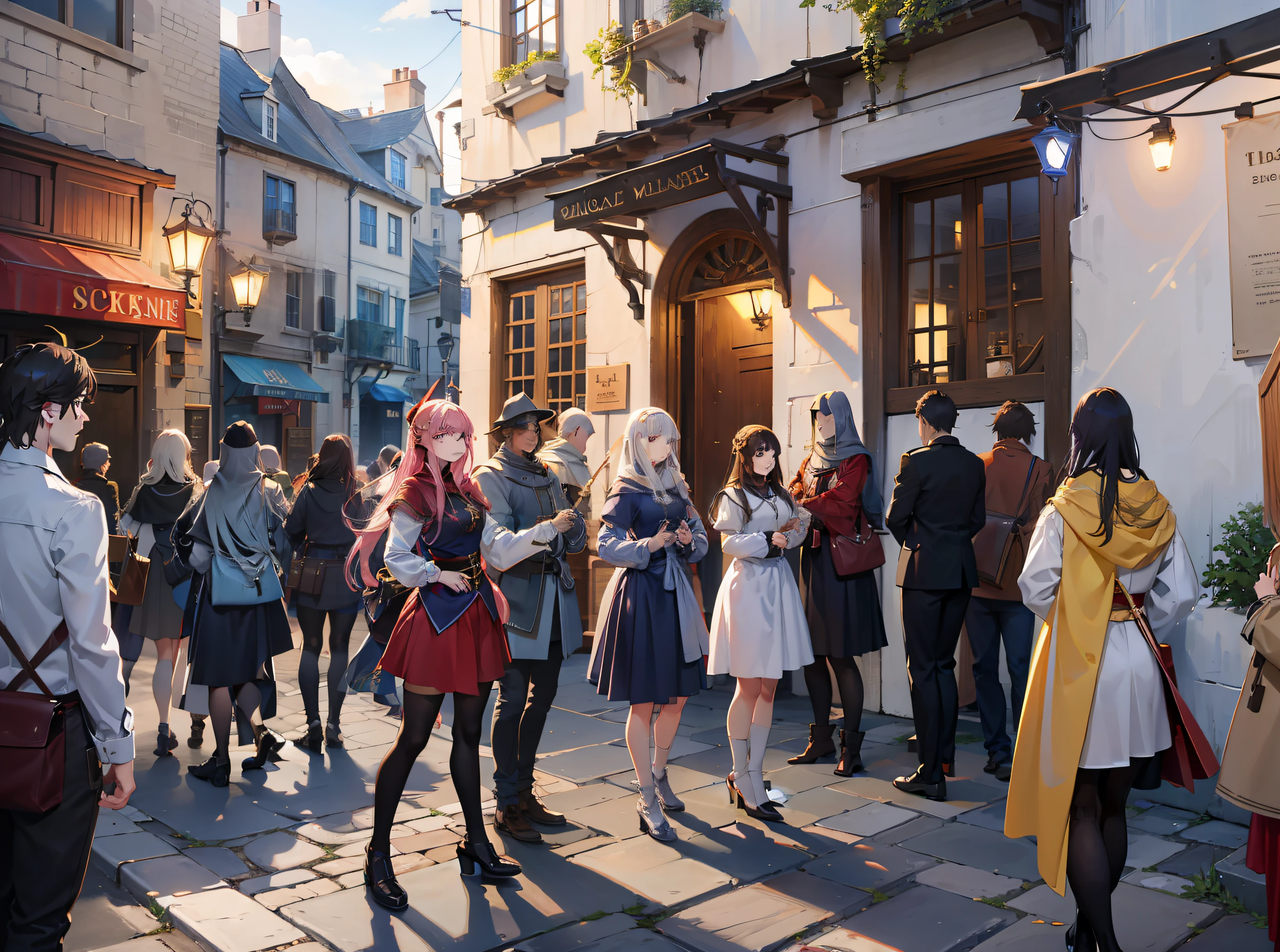 Old Towns of Medieval Europe　Ocean wind　Brick house　　stone pavement　　Lively party　Anime of the 2020s　Screenshot of Anime Knight in Armor　Woman in cloth　Triangular flag　Garland