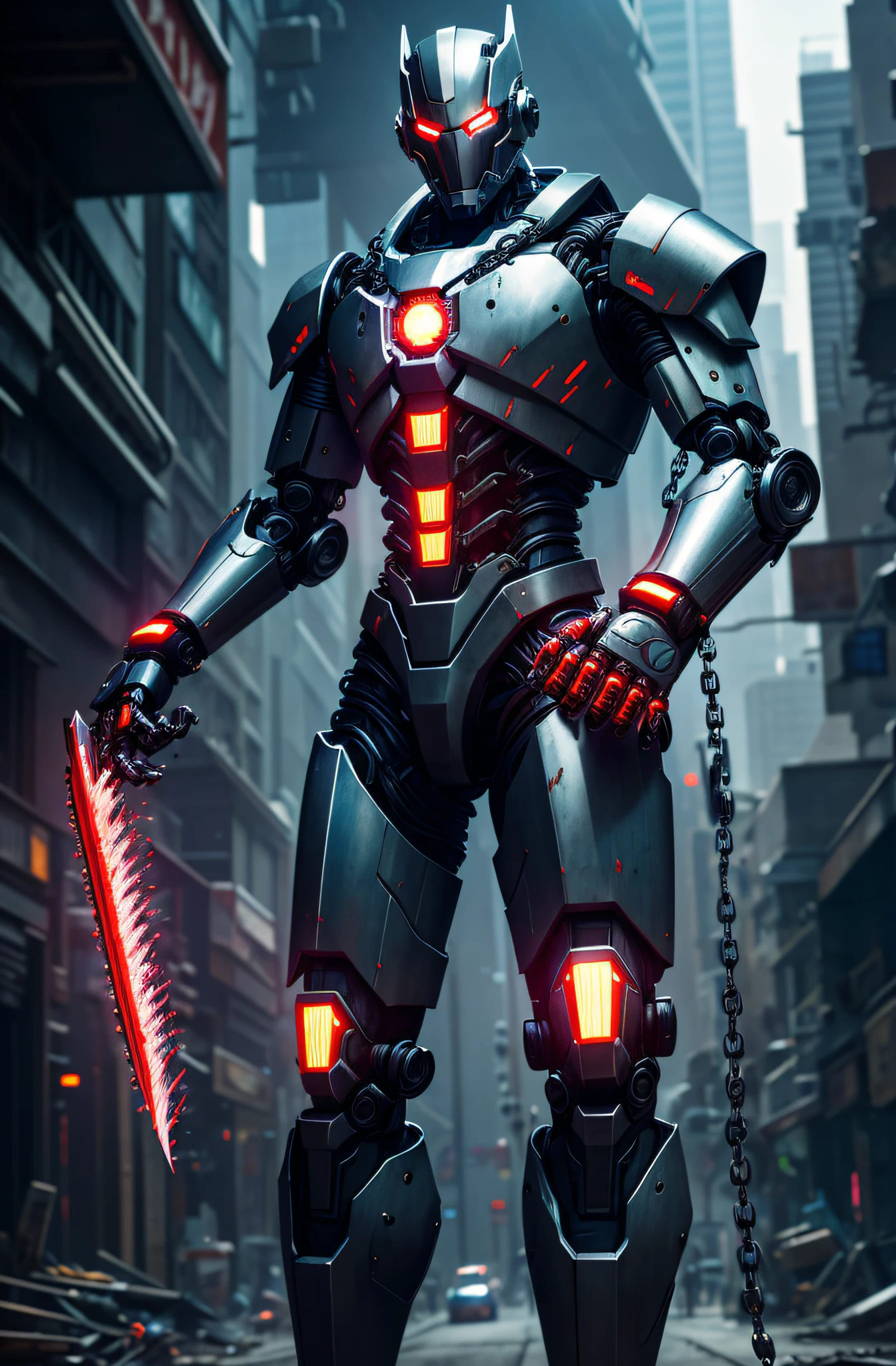 Dark_Fantasy,Cyberpunk,(chain saw,chain saw man,Red:1.1),1man,Mechanical marvel,Robotic presence,Cybernetic guardian, wearing a worn-out mech suit, intricate, (steel metal [rusty]), elegant, clear focus, shot by greg rutkowski, soft lighting, vibrant colors, masterpiece, ((street)), cowboy shot, dynamic pose,