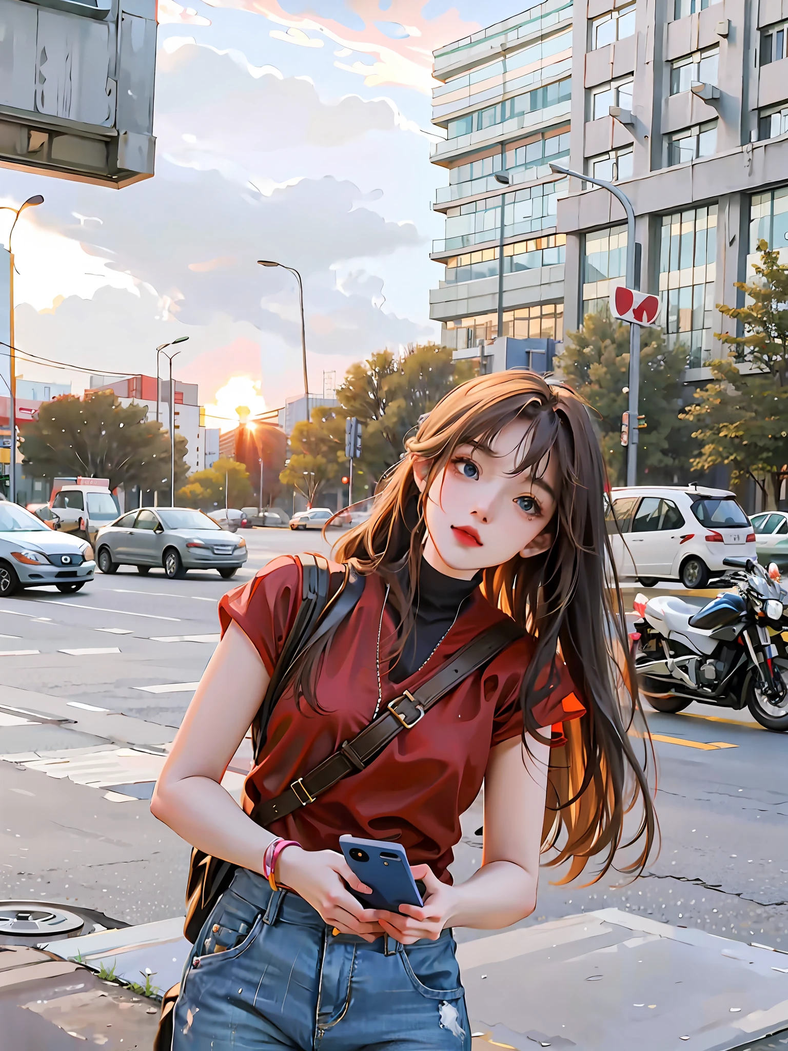 Long-haired woman standing on sidewalk looking at her phone, realistic anime artstyle, Anime style mixed with Fujifilm, anime realism style, Realistic anime 3 D style, Realistic anime art style, Photorealistic anime, Anime girl in real life, Realistic young anime girl, Anime style. 8K, Guviz-style artwork, Anime realism