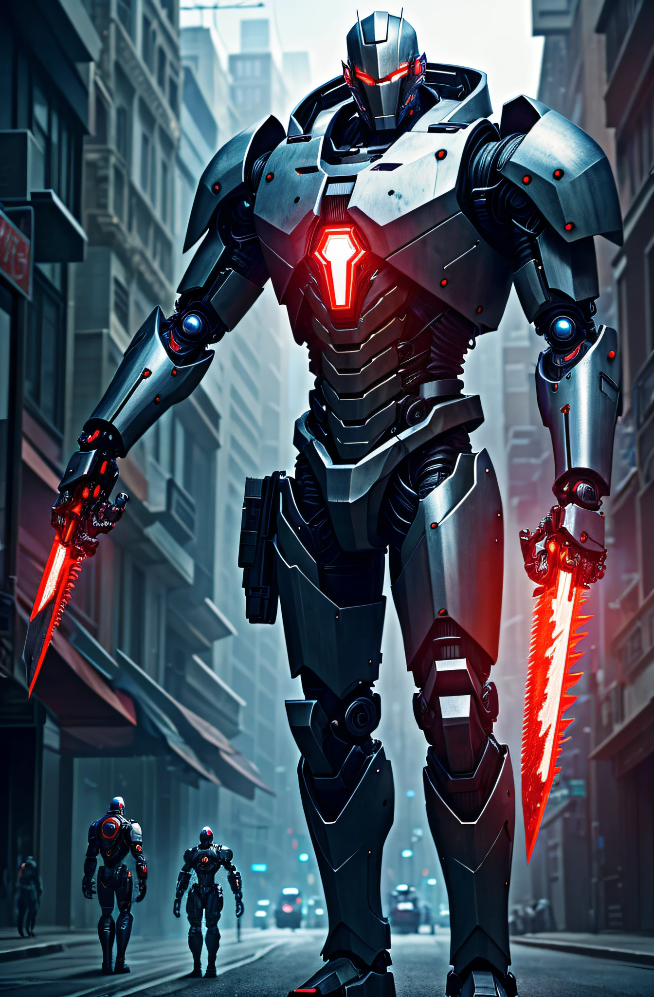 Dark_Fantasy,Cyberpunk,(chain saw,chain saw man,Red:1.1),1man,Mechanical marvel,Robotic presence,Cybernetic guardian, wearing a worn-out mech suit, intricate, (steel metal [rusty]), elegant, clear focus, shot by greg rutkowski, soft lighting, vibrant colors, masterpiece, ((street)), cowboy shot, dynamic pose,