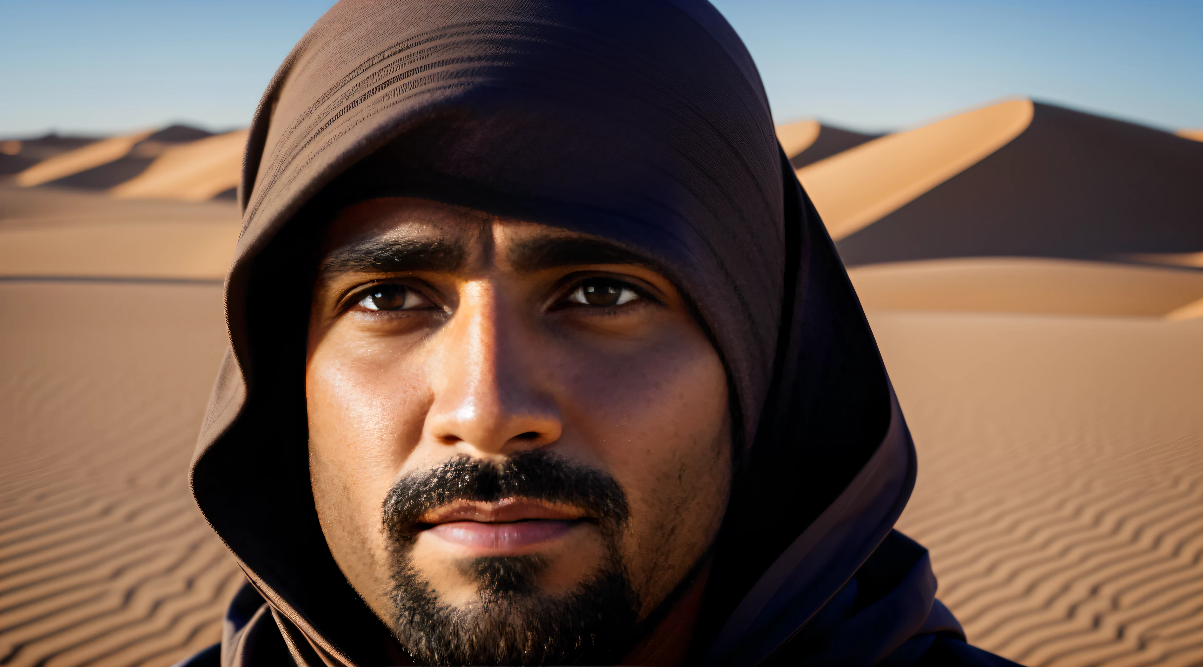 um homem, detalhado, 4k, retrato, rosto detalhado, realista, deserto no fundo