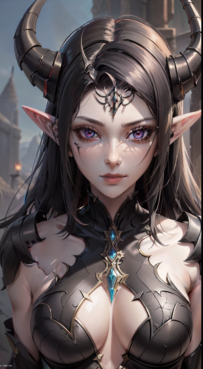 Close-up of a girl with a sword, ultra-detailed fantasy character, intricate gorgeous anime CGI style, female demon suitable for black horns, 4 K detail fantasy, high detail iconic character, beautiful biomechanical elf, complex fantasy character, high detail and very sharp, intricate artwork. Octane rendering, 3 D rendering character art 8 K. Long black hair