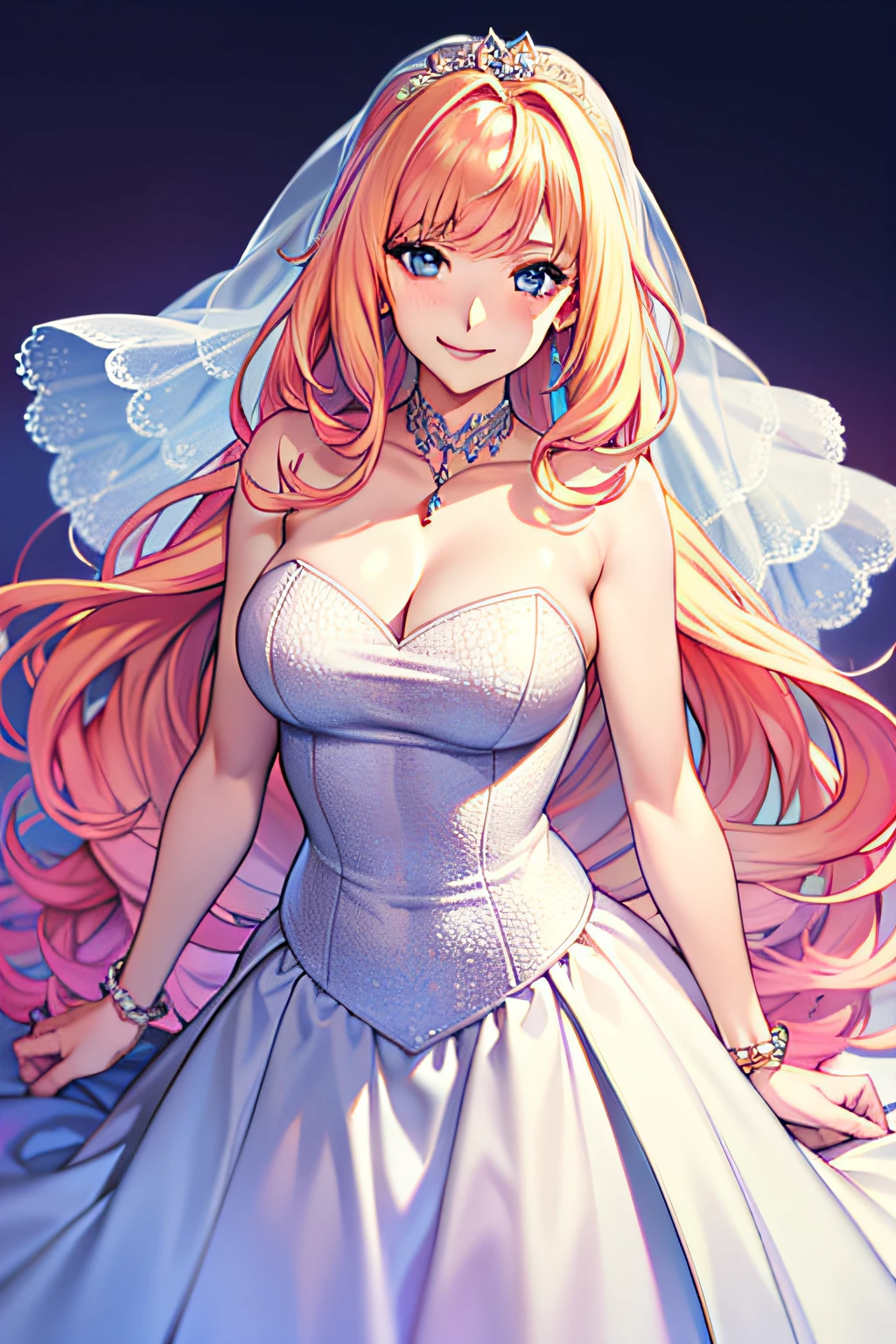 (Anime:1.1), Best quality, Masterpiece, 1girll, Shirley name, multicolored hair, blond hairbl, Pink hair, Gradient hair, Long hair, Medium breasts, Blue eyes, Mature woman, view the viewer, Smile,wedding gown