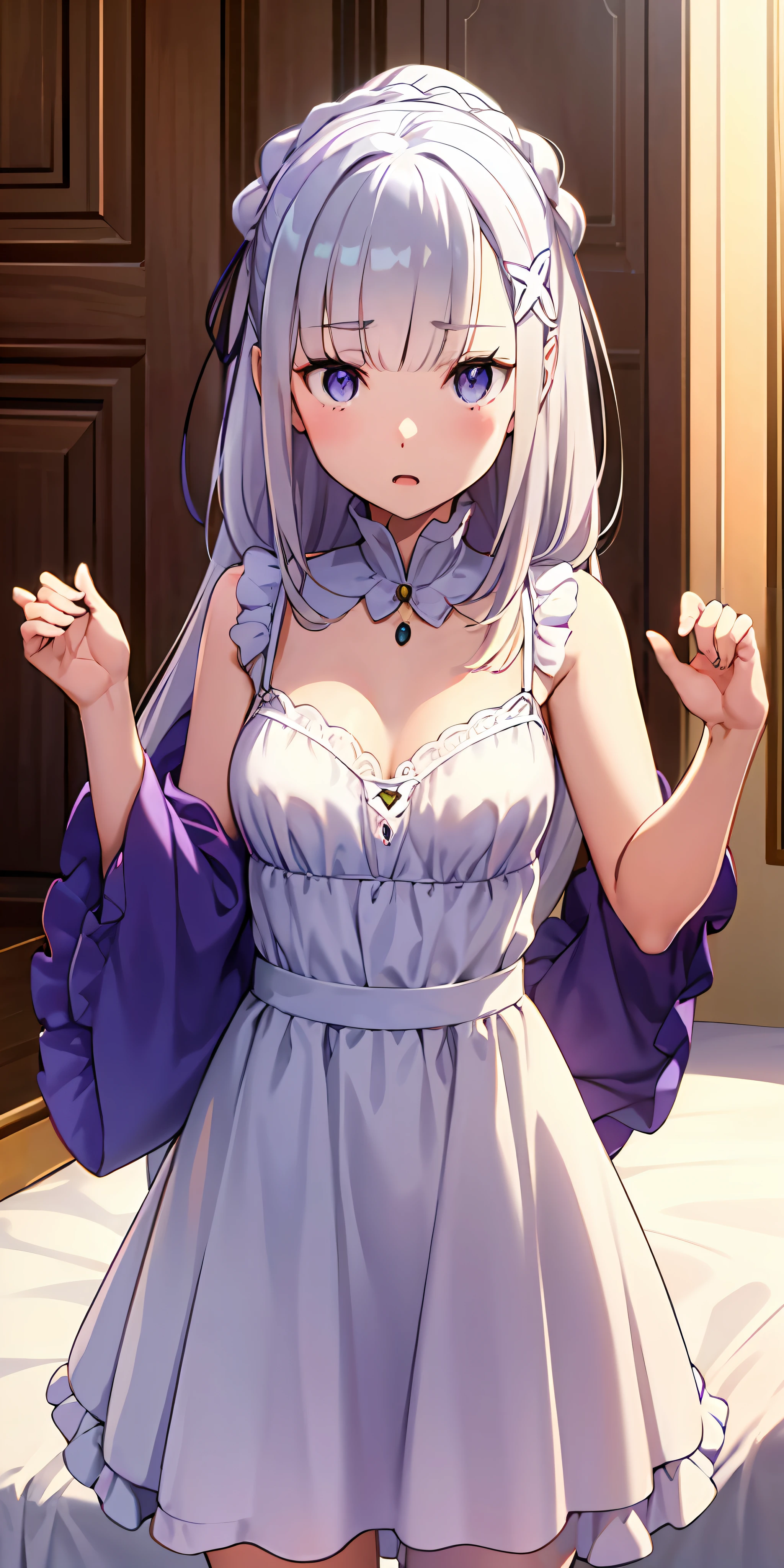 Emilia, Emilia_\(re:zero\), pequeno, cara bonita, beautiful face, lingerie, sexy, kawaii , magro, seios medios salientes, Feliz, lingerie detalhada, sexy, fechar para cima, Loving you, 
(master part, best quality:1.2)