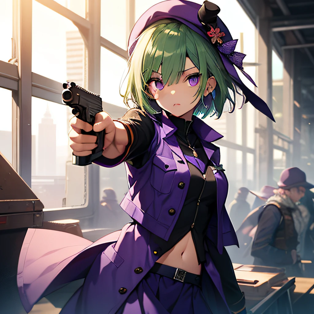 top-quality、extremely delicate and beautiful、(A teenage girl)、Purple Eye、Green hair、short-haired、(Purple pointy hat)、Purple tie、Soio、shortsleeves、Purple skirt、Navel,Tactical Vest、shortsleeves、Purple skirt、(Holding a pistol in his right hand)、((Pointing the gun to the front))