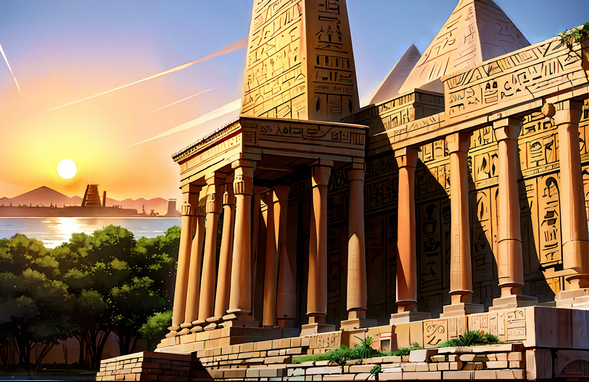Magnificent ancient Egyptian-style temple,Ancient Egyptian temples,Ancient Egyptian temples,obelisk,Nile River,setting sun,epic sense,Sense of grandeur