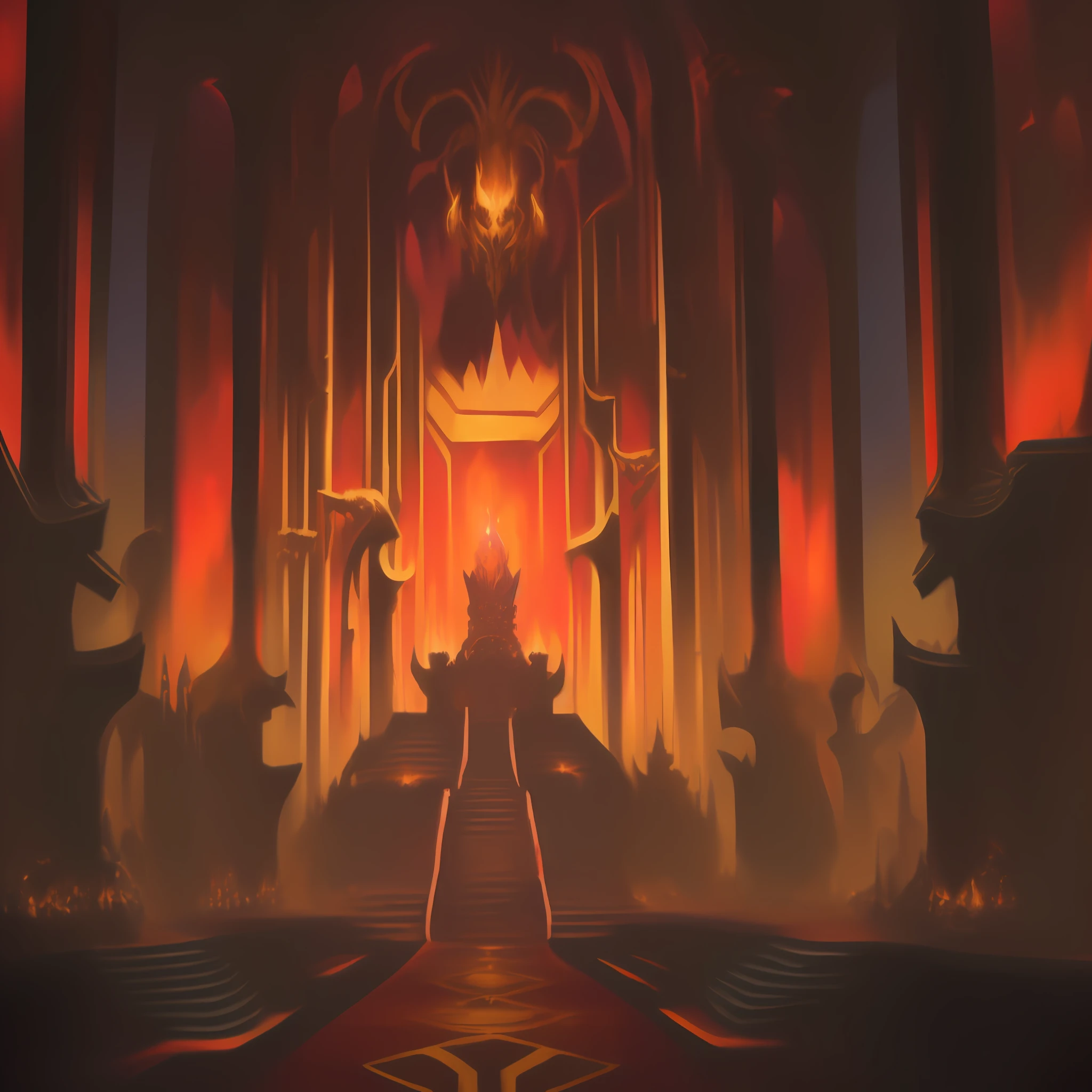 (king of hell、Image of Arafard's throne、decadent throne room、Glowing throne、exquisitely designed throne room、Diablo digital concept art、Lair of evil villains、Hellfire background、Hell background、ruler of inferno)