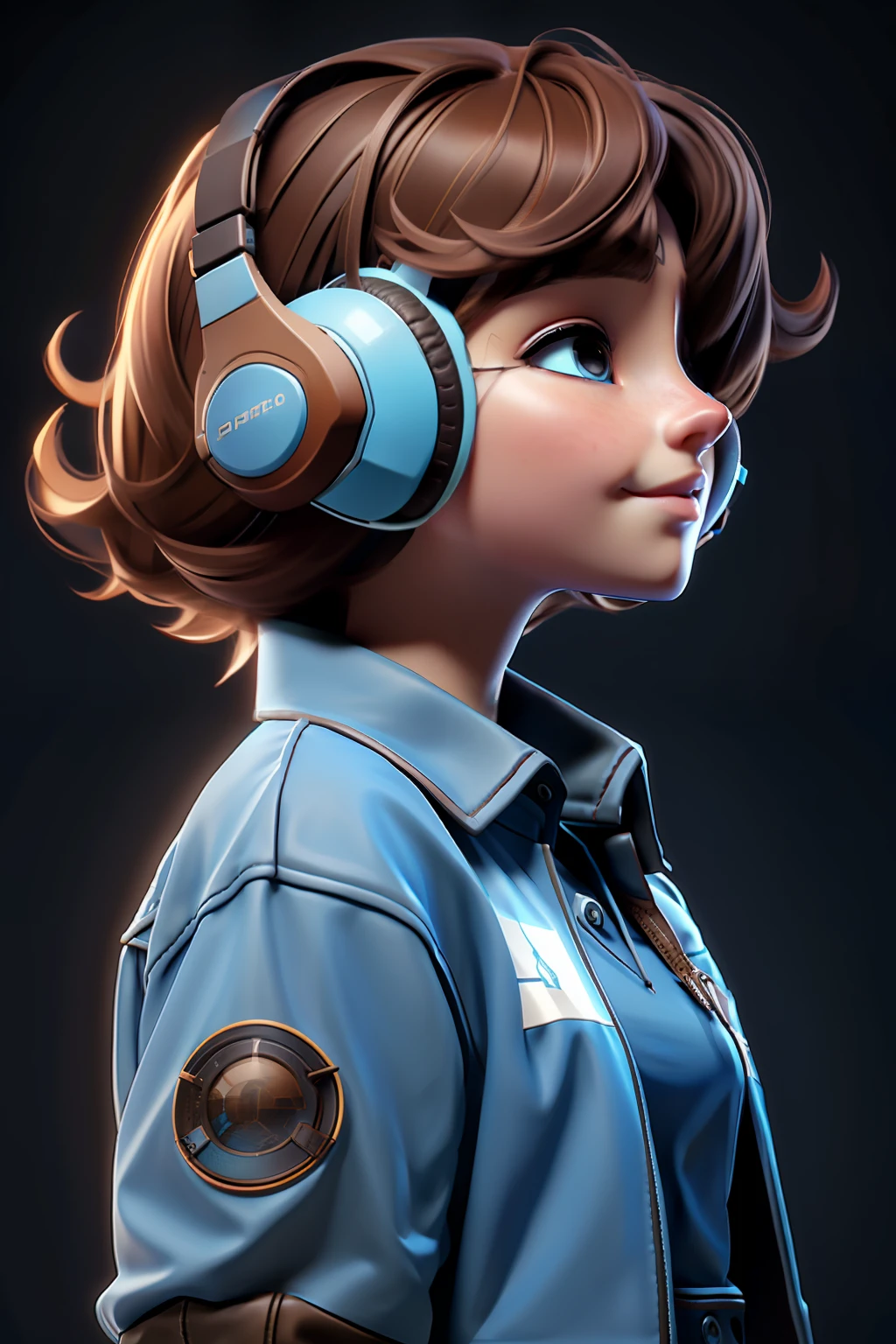 realistic anime style digital art of an 18 year old girl, bright light blue eyes, light brown hair, black skirt, bare legs, black polo shirt, brown leather jacket, looking up, 120 degree angle, using gamer headset, space scenery, floating in space, various other details, 16k ultra HD vivid colors masterpiece ultra cinematic resolution