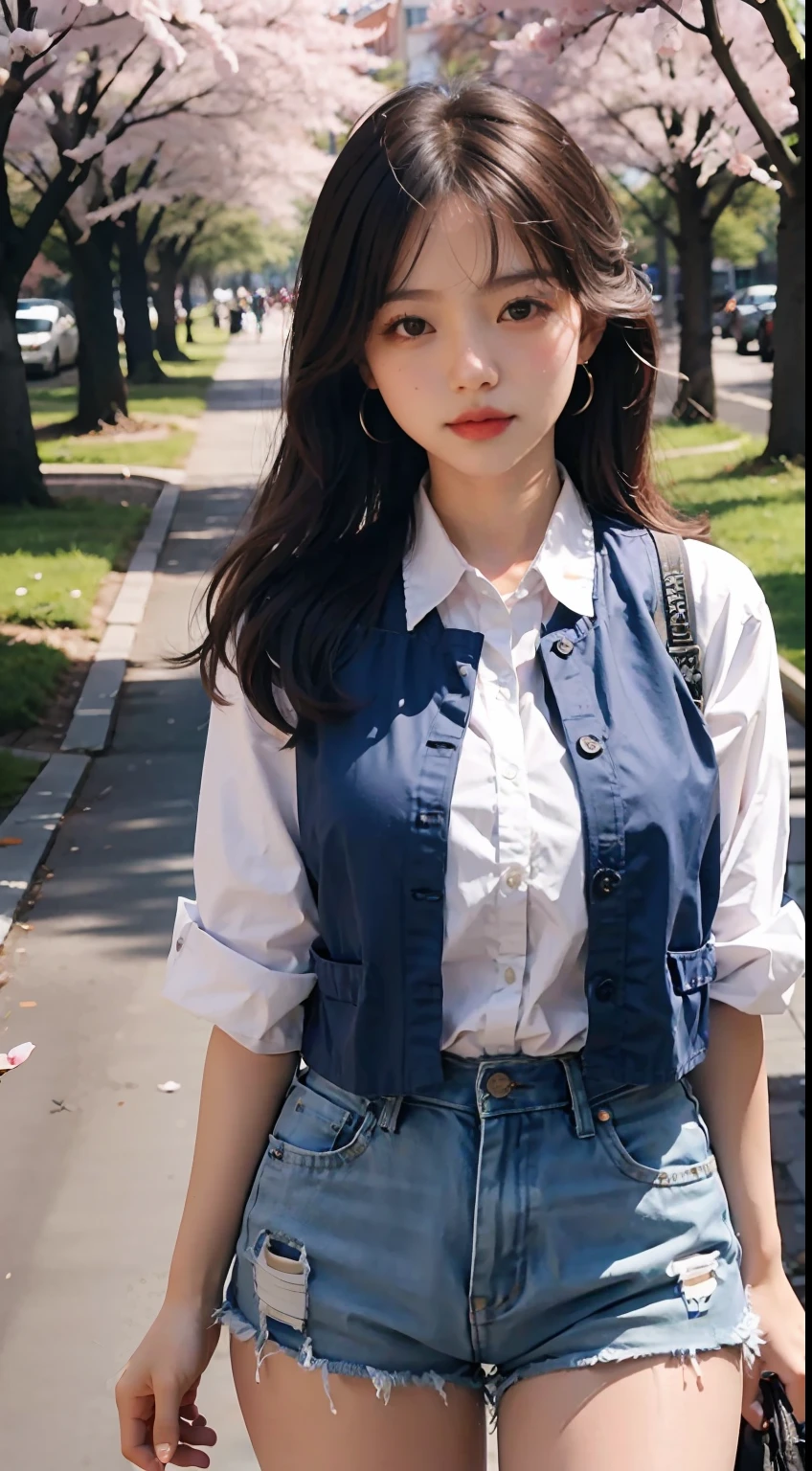 Masterpiece, A high resolution, Best quality,  1girll, Solo, Breasts, view the viewer, 鎖骨, Large breasts, Medium breasts, official style, park, cherry blossom,  vests, White shirt, Blue shorts,