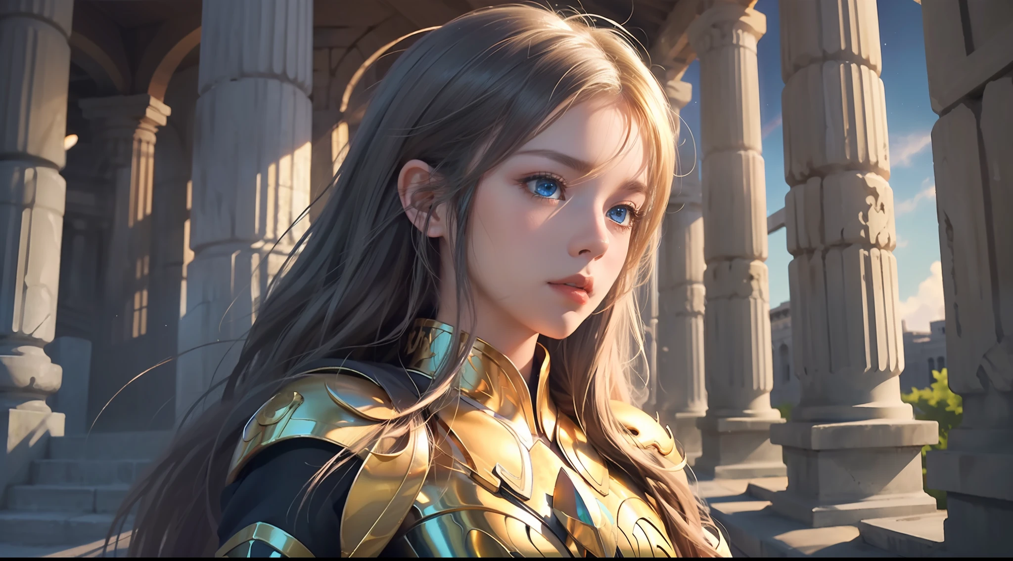 (Extremely detailed Cg Unity 8K wallpaper,Masterpiece, Best quality, Ultra-detailed, Beautiful detailed eyes:1.2),Best illumination, (Best shadow, An extremely delicate and beautiful, full bloom), 1girll,Solo,Large breasts，Heavy armor，complex patterns，Long hair,Film filter, Greek temple，dramatics，dynamicposes，illusory engine， (High detail: 1.9)，Starcloud，the night，torchan，half-body shots