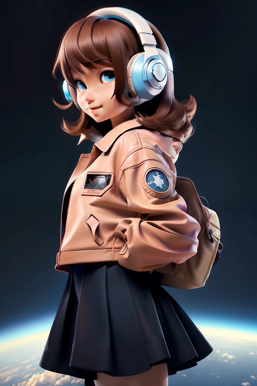 realistic anime style digital art of an 18 year old girl, bright light blue eyes, light brown hair, black skirt, bare legs, black polo shirt, brown leather jacket, looking up, 120 degree angle, using gamer headset, space scenery, floating in space, various other details, 16k ultra HD vivid colors masterpiece ultra cinematic resolution