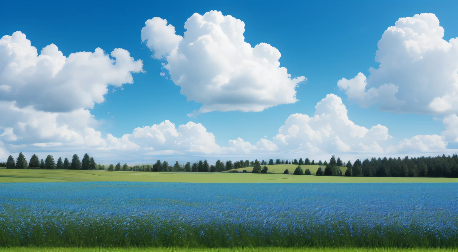 Meadow, blue sky, white clouds