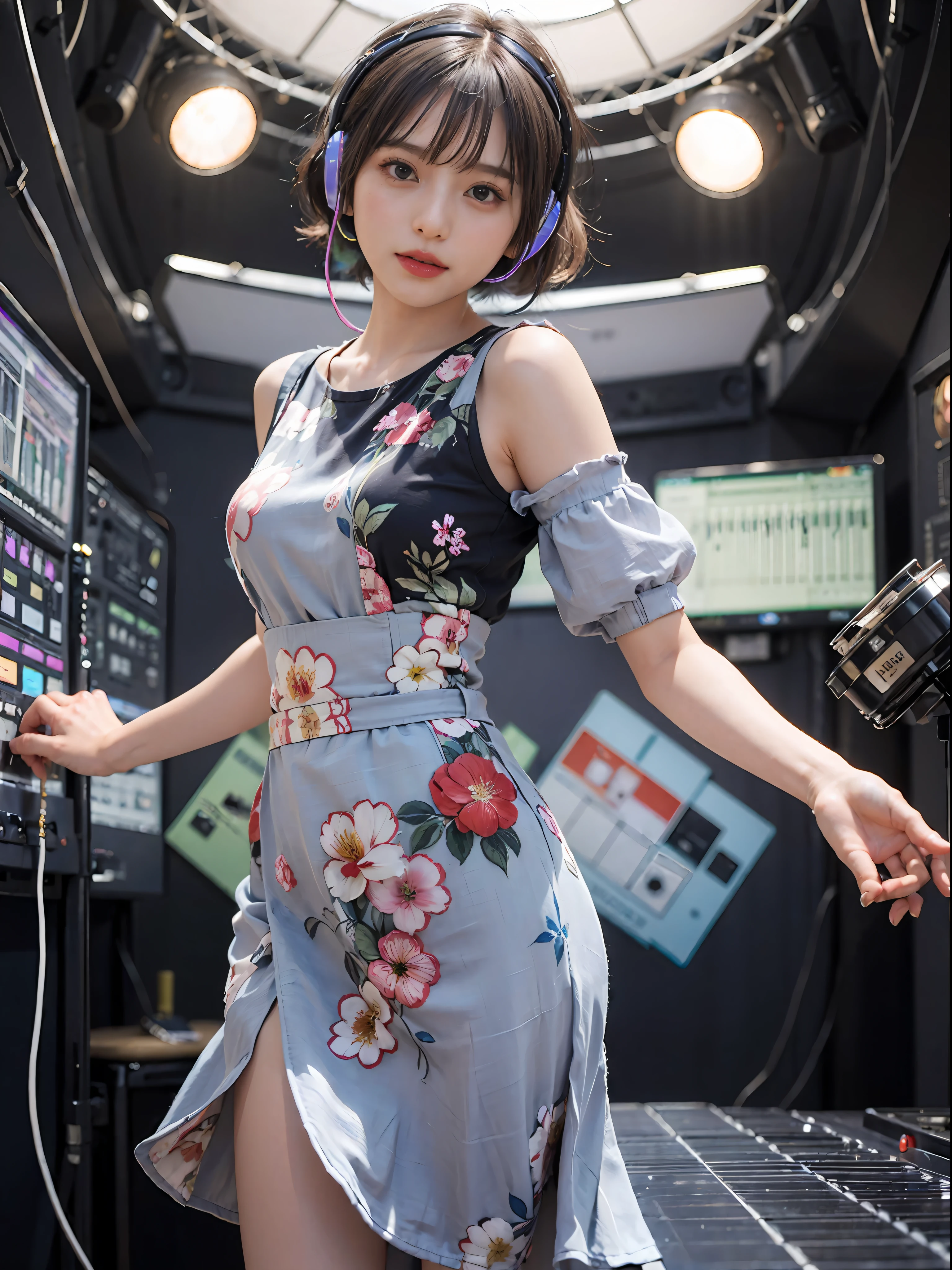 Best Quality, masutepiece, (Photorealistic:2), Ultra High Resolution, Highly detailed, A hyper-realistic, 1girl in, ((head phone)), (Longer dress), Floral pattern, colourfull_hair、(((very_Short_hair))), Short hair, Slim body, Full Shot, Looking at Viewer, ((Music Studio)), Bright atmosphere, spot light, Detailed background