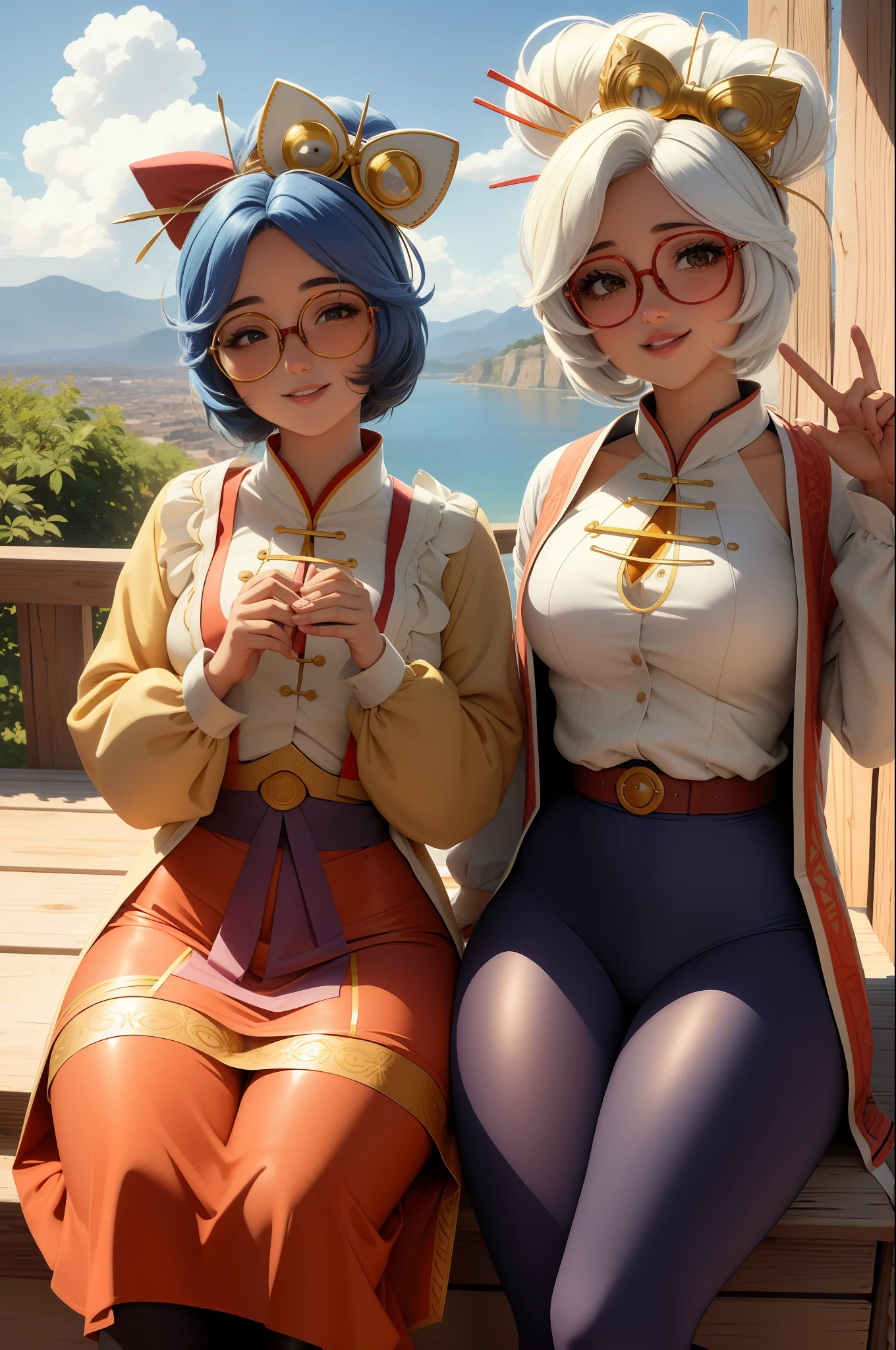 Obra maestra, La mejor calidad, Purah, gafas rojas, adorno para el cabello, chaqueta blanca, Camisa sin mangas, falda negra, leggings naranjas, Parte superior del cuerpo, En pie, sode, Estatua de piedra, Cielo, nubes, Mirando al espectador, They are smiling, Perfect lighting