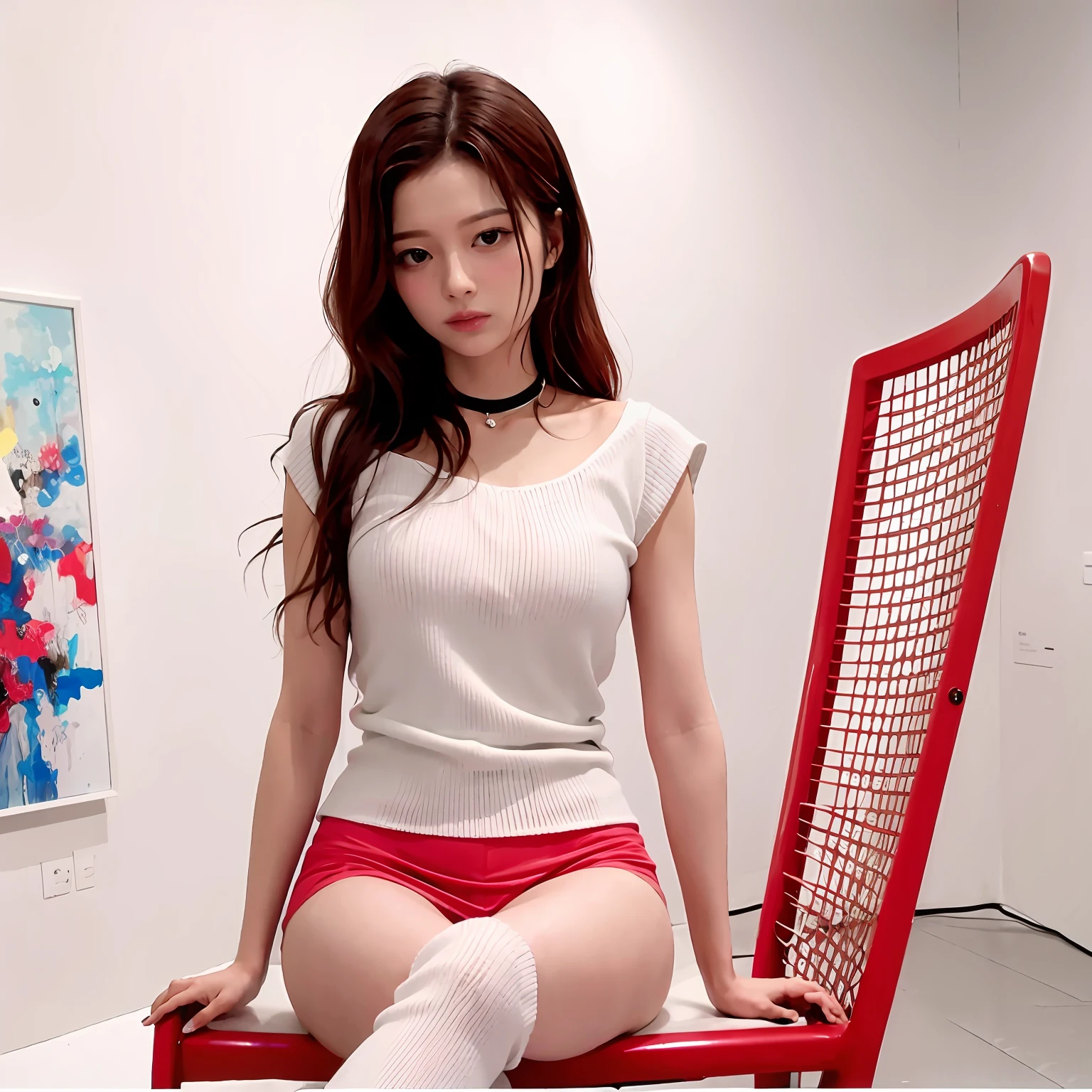 The Alafi woman sat in a chair in the room，There are sculptures inside, sitting in a lounge, in an art gallery], in white room, Smooth red tight clothes set, 🕹️ 😎 🚬, in an art gallery, sitting in fancy chair, smooth in _ Background with, In a museum,