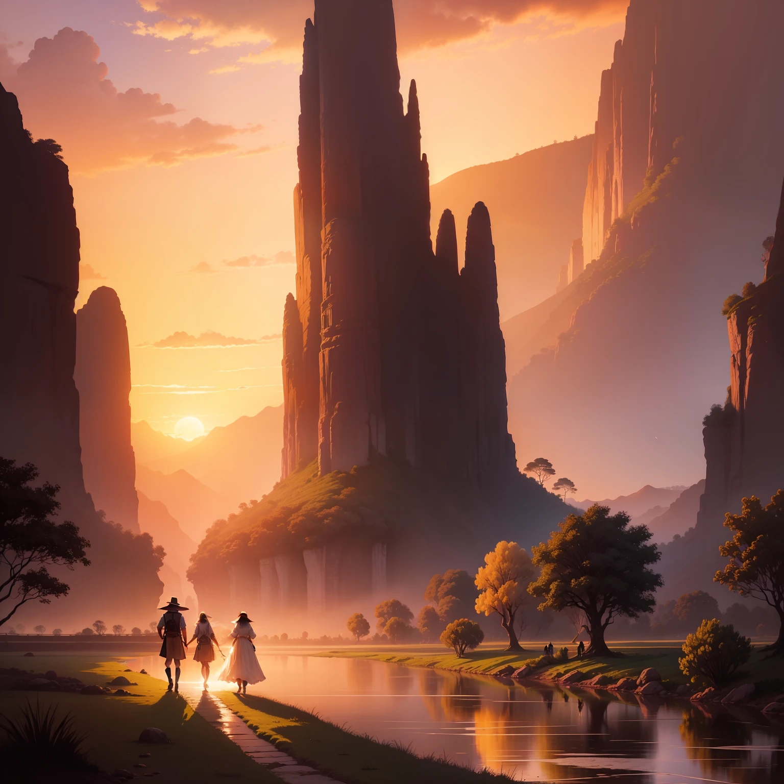 painting of a sunset scene with a couple walking along a river, romantic landscape, romanticism landscape painting, mystical scene, inspired by Francois bouchet indonesian landscape, fantasy landscape, fantasy scene, sunset in a valley,