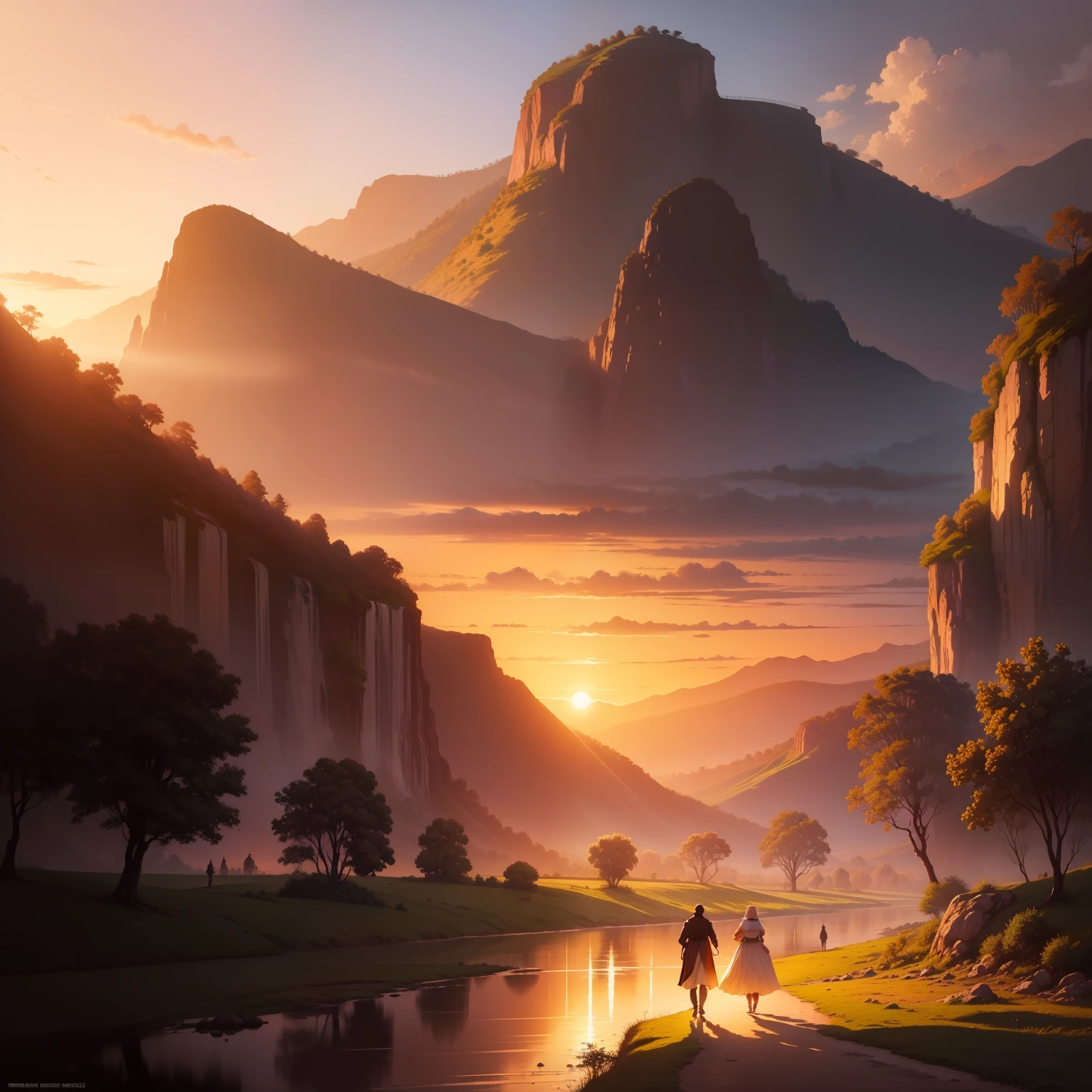 painting of a sunset scene with a couple walking along a river, romantic landscape, romanticism landscape painting, mystical scene, inspired by Francois bouchet indonesian landscape, fantasy landscape, fantasy scene, sunset in a valley,