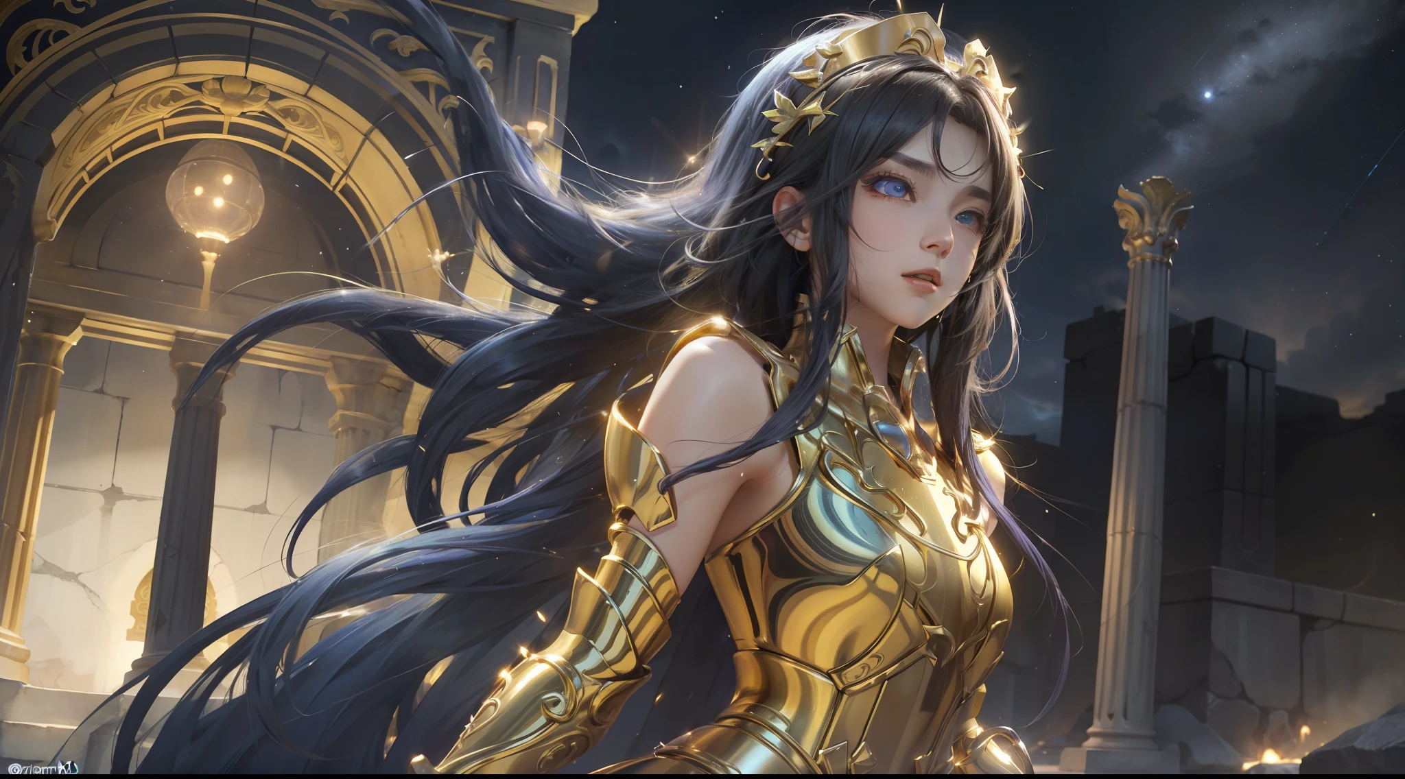 (Extremely detailed Cg Unity 8K wallpaper,Masterpiece, Best quality, Ultra-detailed, Beautiful detailed eyes:1.2),Best illumination, (Best shadow, An extremely delicate and beautiful, full bloom), 1girll,Solo,Large breasts，Heavy armor，complex patterns，Long hair,Film filter, Greek temple，dramatics，dynamicposes，illusory engine， (High detail: 1.9)，Starcloud，the night，torchan，full body shot shot，dynamicposes，dramatics