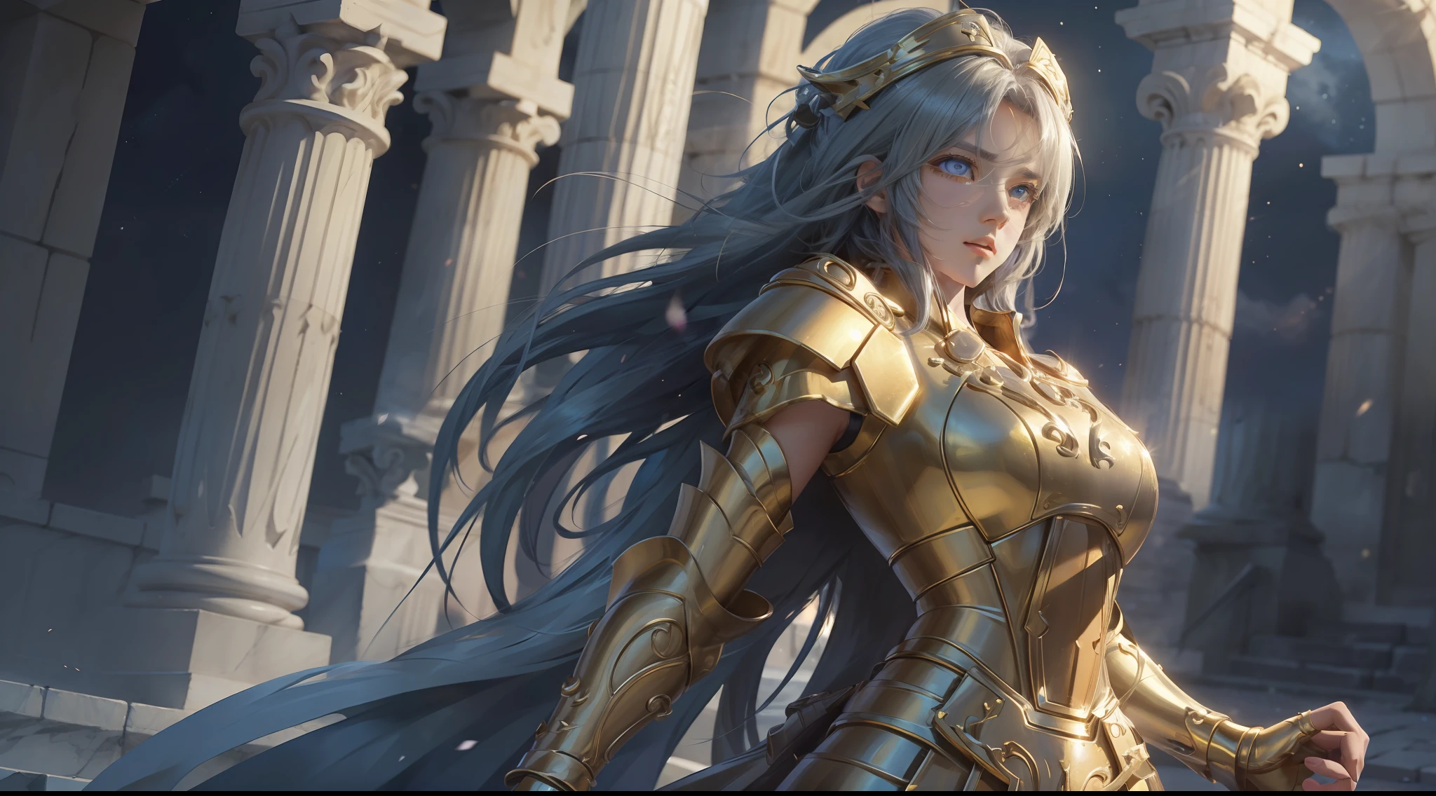 (Extremely detailed Cg Unity 8K wallpaper,Masterpiece, Best quality, Ultra-detailed, Beautiful detailed eyes:1.2),Best illumination, (Best shadow, An extremely delicate and beautiful, full bloom), 1girll,Solo,Large breasts，Heavy armor，complex patterns，Long hair,Film filter, Greek temple，dramatics，dynamicposes，illusory engine， (High detail: 1.9)，Starcloud，the night，torchan，full body shot shot，dynamicposes，dramatics