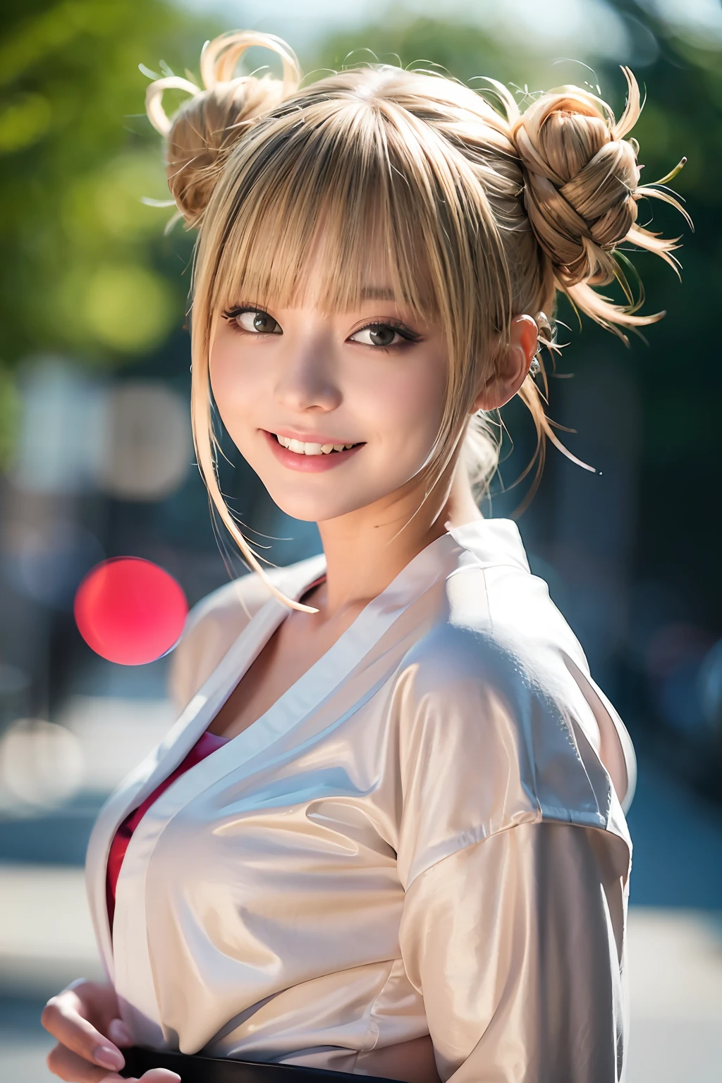 （（a blond、Himiko Toga、Dark eye shadow、Dark eyeliner、Patsun、Twin-tailed、Bun head、tthin eyebrows、Flashy kimono、innocent smiles））、NSFW、​masterpiece、top-quality、hightquality、magnifica、Beautiful fece、hight resolution、Very high resolution、Raw photo、Best Illustration、hyper realisitic、1girl in、realisitic、The ultra-detailliert、Photorealsitic、incredibly absurdness、a closeup、Floating hair、Soft light、Cinema Lights、Film grain、full body Esbian、depth of fields、blurry backround、bokeh dof:1.4、eyes focus、85mmレンズ、professionally lit、lensflare、Luminous particles:0.6、Professional Writing、portlate:0.6、Photon mapping、Radio City、physically-based renderingt、a japanese girl、sexual excitement:1.5、Lifelike face、Realistic body、real looking skin、huge-breasted:1.3、well-styled、camel's toe、light skinned:1.1、cute little:1.5