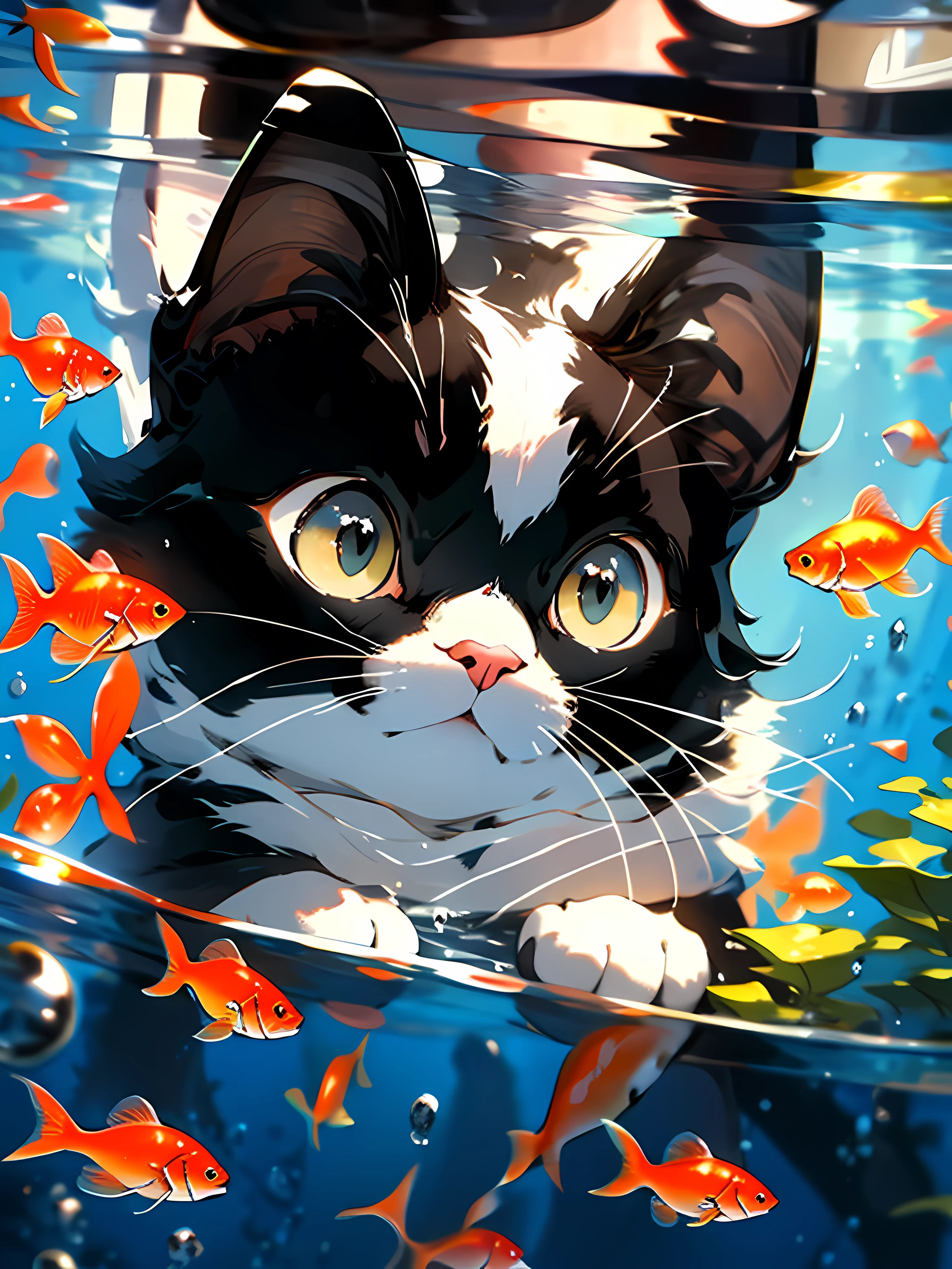 cat,MG mao,Exquisite visuals,high-definition,masterpieces,no humans,fish,animal focus,whiskers,animal,bubble,water,goldfish,yellow eyes,blacknose,air bubble,underwater,HD,Tindal,