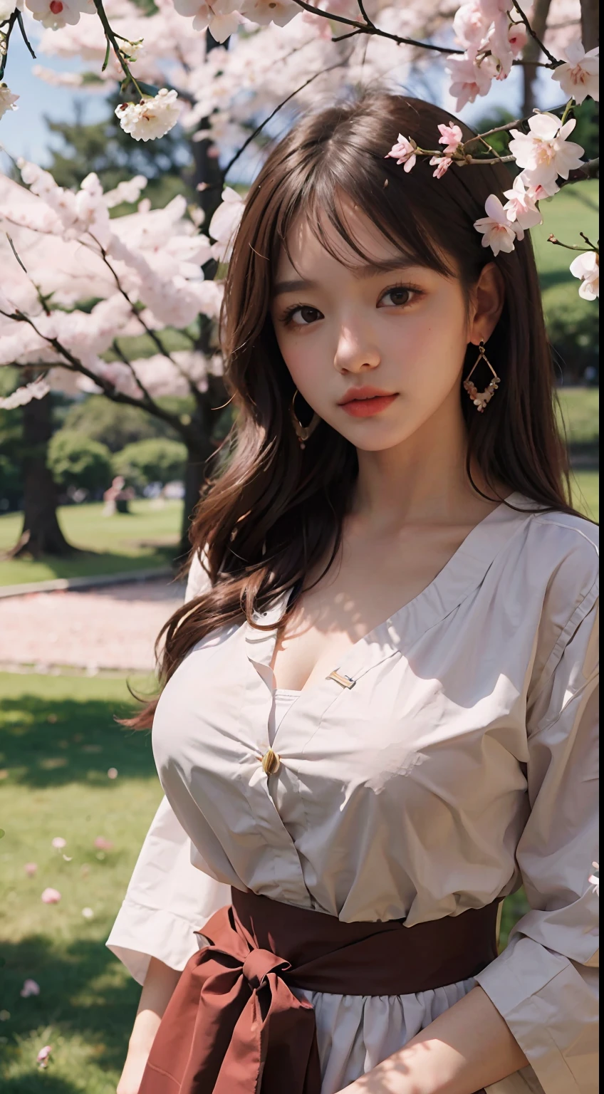 Masterpiece, A high resolution, Best quality, 1girll, Solo, Breasts, view the viewer, 鎖骨, Large breasts, Medium breasts, official style, park, cherry blossom, outfit