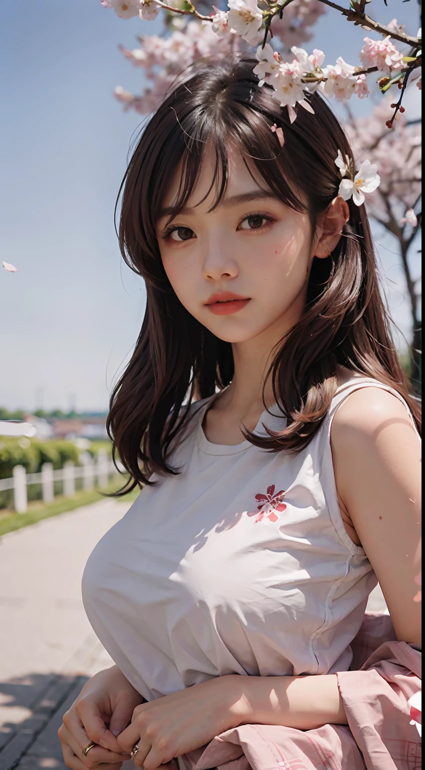 Masterpiece, A high resolution, Best quality, 1girll, Solo, Breasts, view the viewer, 鎖骨, Large breasts, Medium breasts, official style, park, cherry blossom, Loli outfit