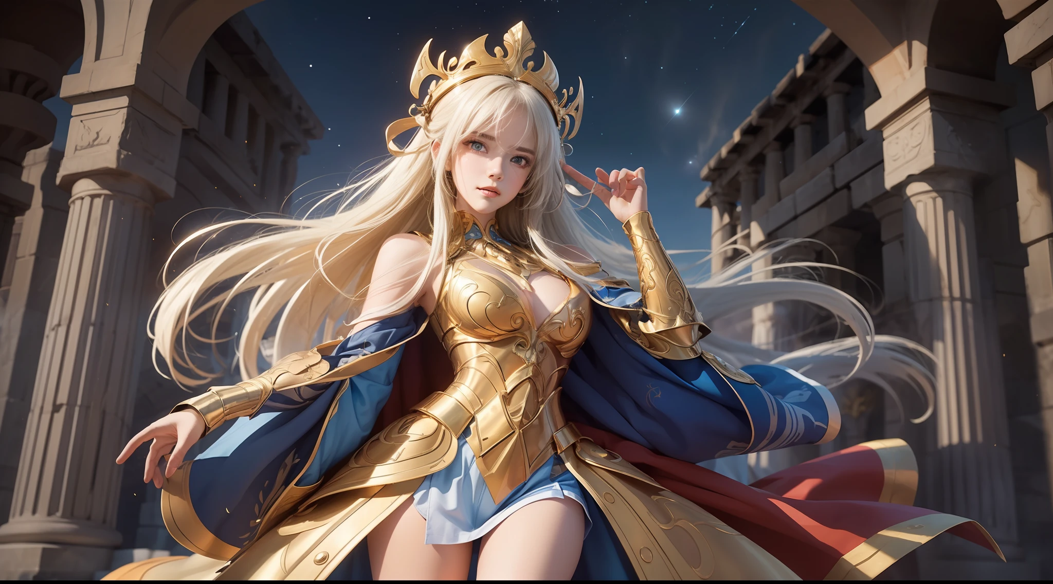 (Extremely detailed Cg Unity 8K wallpaper,Masterpiece, Best quality, Ultra-detailed, Beautiful detailed eyes:1.2),Best illumination, (Best shadow, An extremely delicate and beautiful, full bloom), 1girll,Solo,Large breasts,Heavy armor,complex patterns,Long hair,Film filter, Greek temple,dramatics,dynamicposes,illusory engine, (High detail: 1.9),Starcloud,the night,torchan,full body shot shot,dynamicposes,dramatics