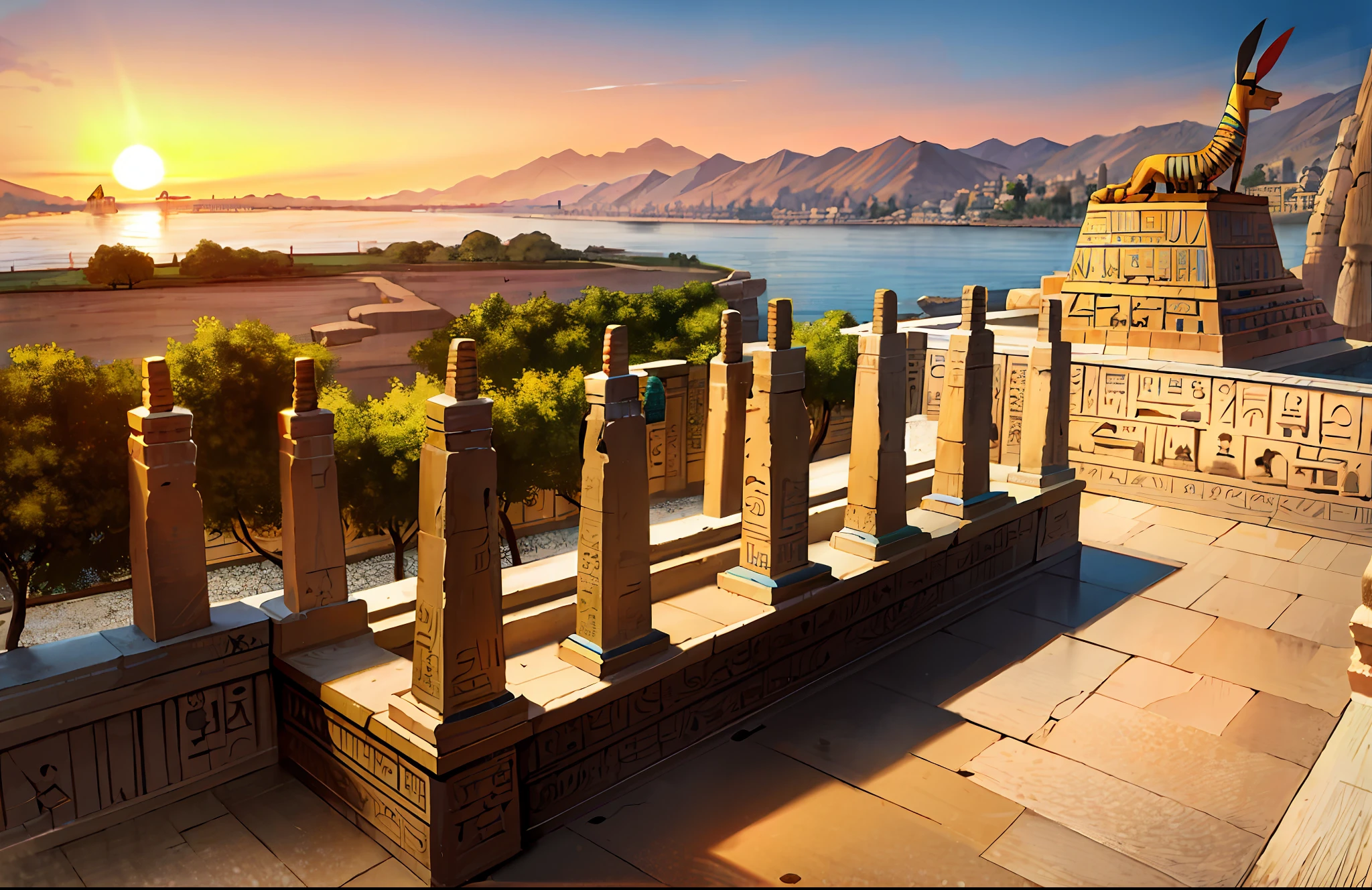 Magnificent ancient Egyptian-style temple,Ancient Egyptian temples,Ancient Egyptian temples,Statue of the sun god,Nile River,setting sun,epic sense,Sense of grandeur