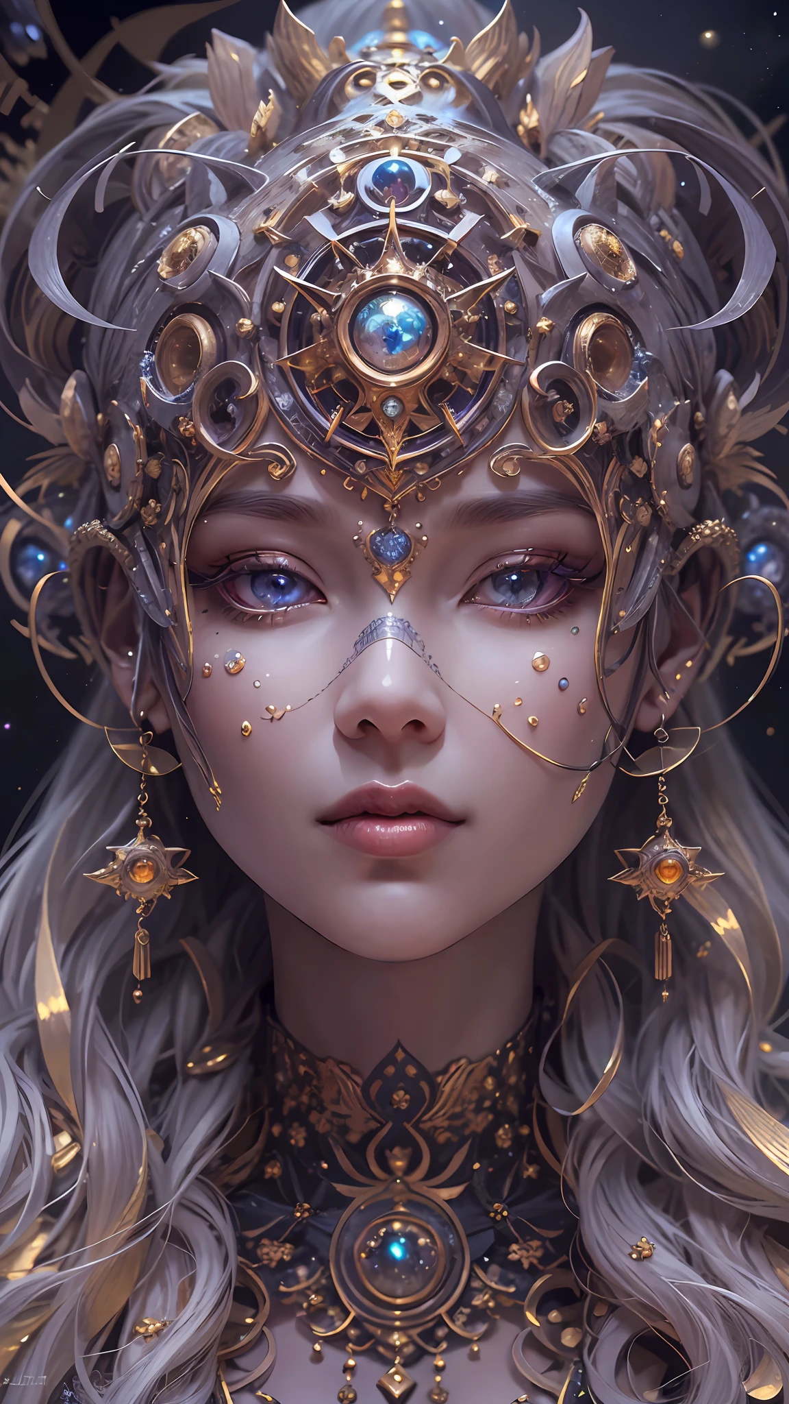 (best qualtiy,ultra - detailed,Most Best Illustration,Best shadow,tmasterpiece,A high resolution,professionalartwork,famousartwork),Detailed eyes,beautidful eyes,closeup cleavage,sci-fy,colored sclera,Robot eyes,face markings,Tattooed with,(fractalized,Fractal eyes),largeeyes,Wide eyes,(Eye focus),sface focus,Cosmic eyes,Space eyes,Close-up of metal sculpture of a woman with a moon in her hair,goddes。extremly high detail,3 d goddess portrait,Extremely detailed footage of the goddess,a stunning portrait of a goddess,Side image of the goddess,portrait of a beautiful goddess,Full body close-up portrait of the goddess,hecate goddess,portrait of a norse moon goddess,goddess of space and time