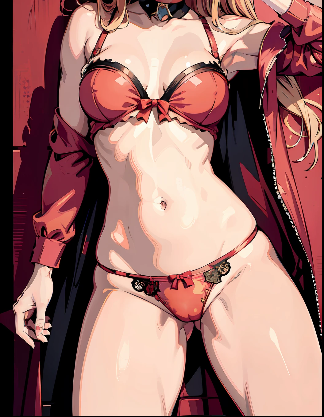 (masterpiece, best quality), power, red horns, beautiful girl, (detailed beautiful eyes) underwear, full body shot, long blonde hair, pink eyes, visible bellybutton