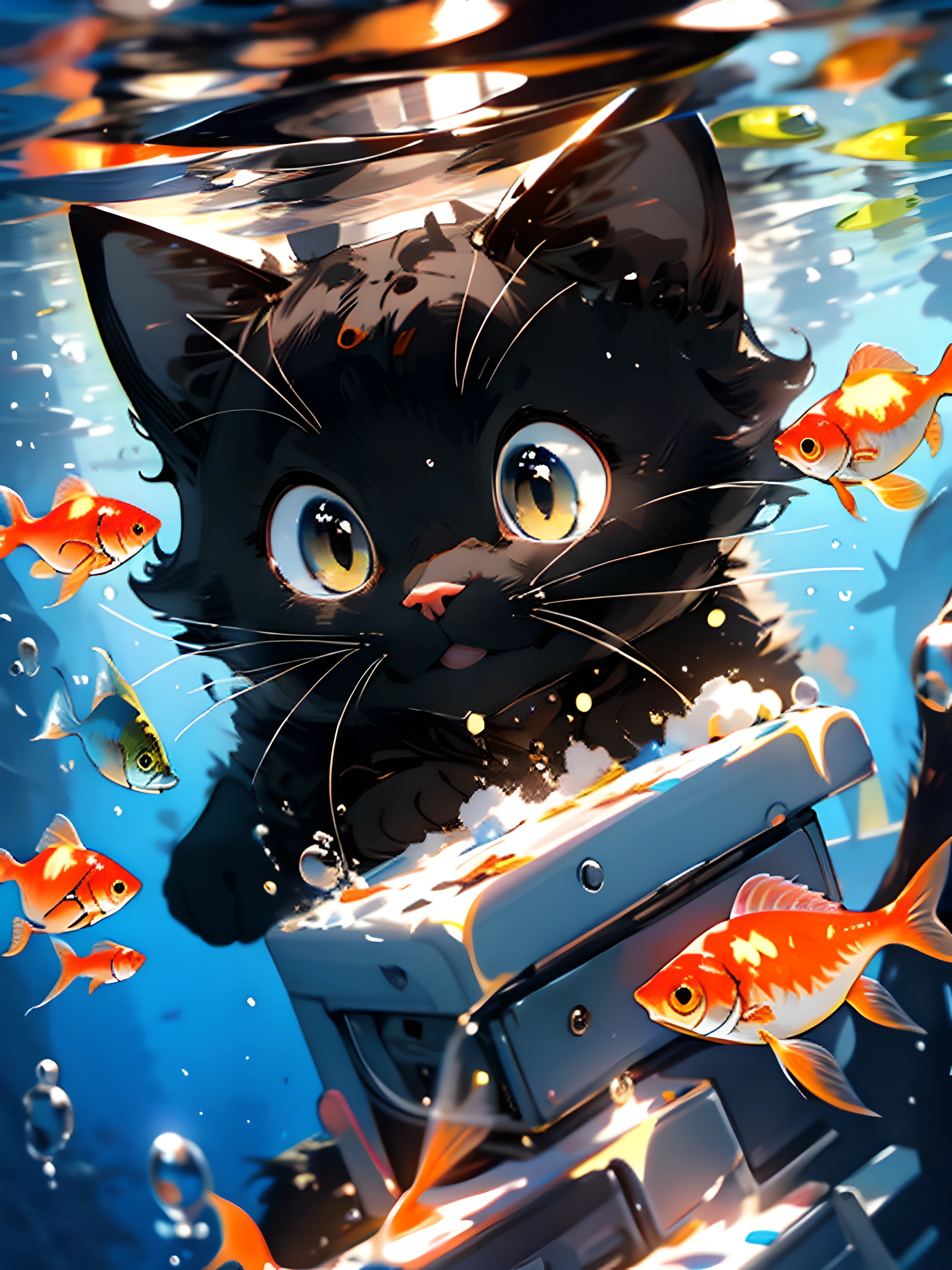 cat,MG mao,Exquisite visuals,high-definition,masterpieces,no humans,fish,animal focus,whiskers,animal,bubble,water,goldfish,yellow eyes,air bubble,underwater,HD,Tindal,