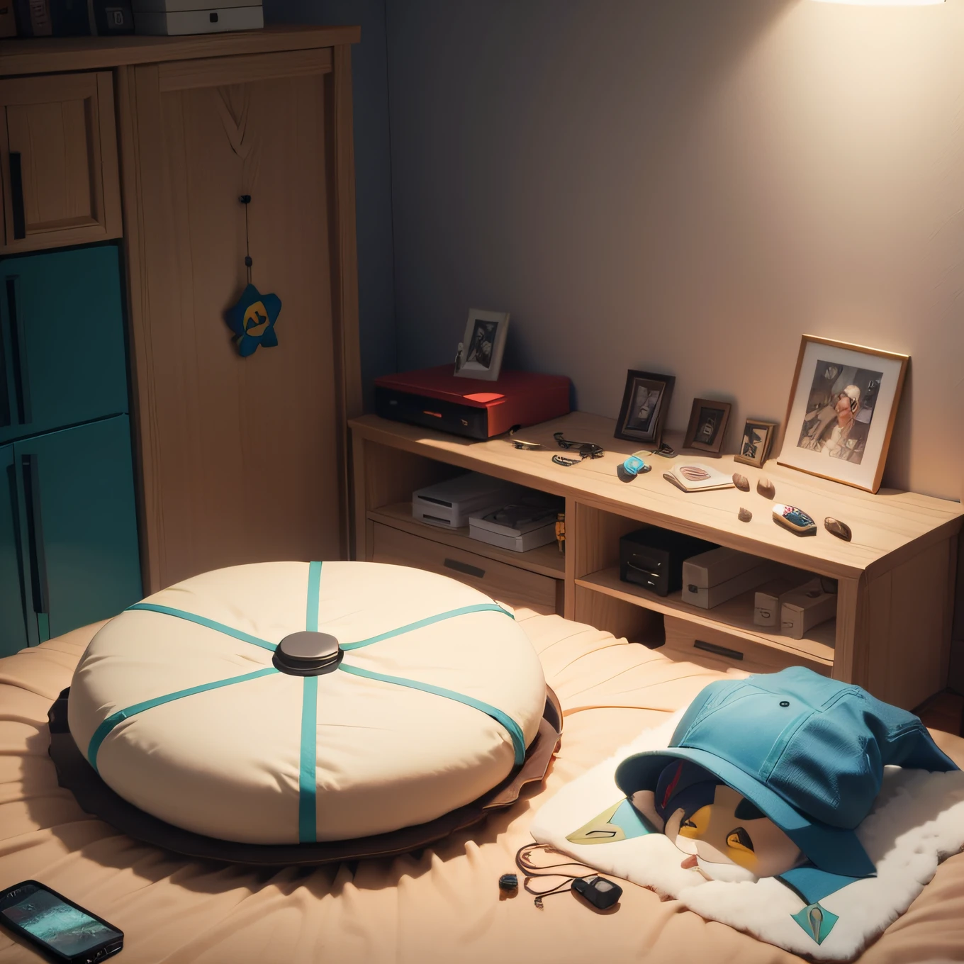 quarto, full of accessories, hats, clocks, Nintendo Switch | |, quarto com cor alegre e quente, Everything is on a table, room decorated with Pokémon stuff