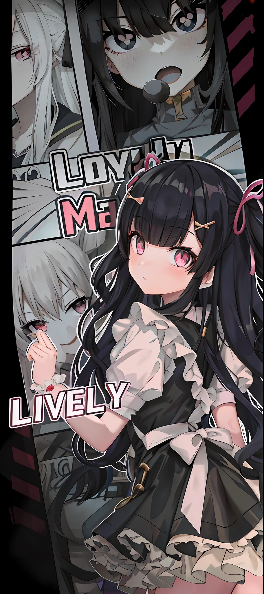 Anime girl with long black hair and pink eyes posing in front of poster, Lively, lovely queen, melty, Lovely woman, small curvaceous , leering, in an anime style, In anime style, Lovely, anime girl named lucy, Lovely eyes, lively colors, 1 7 - year - old anime goth girl, | | very very anime!!!, Vivid perspective