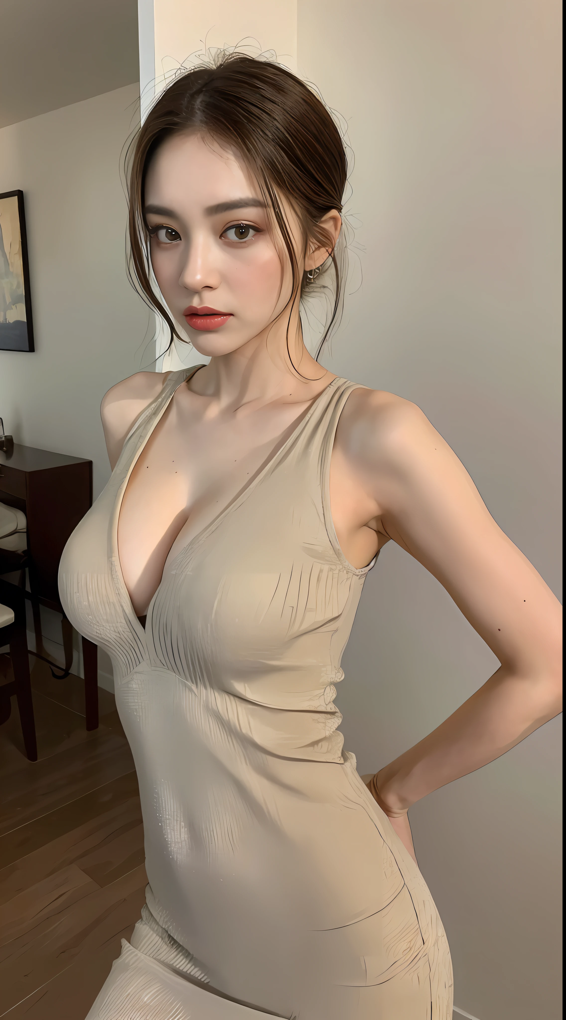 ((Best Quality, 8K, Masterpiece: 1.3)), 1girl, Slim Abs Beauty: 1.3, (Hairstyle Casual, Big Breasts: 1.2), Dress: 1.1, Super Fine Face, Delicate Eyes, Double Eyelids, Home