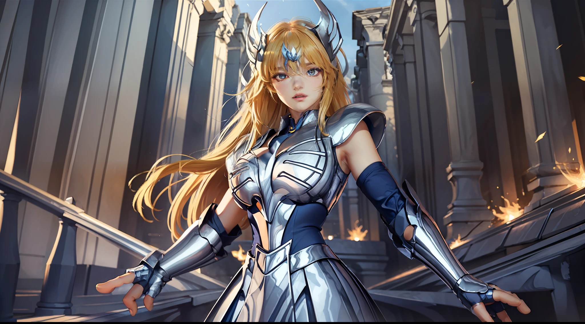 (Extremely detailed Cg Unity 8K wallpaper,Masterpiece, Best quality, Ultra-detailed, Beautiful detailed eyes:1.2),Best illumination, (Best shadow, An extremely delicate and beautiful, full bloom), 1girll,Solo,Large breasts，Heavy armor，complex patterns，Long hair,Film filter, Greek temple，dramatics，dynamicposes，illusory engine， (High detail: 1.9)，Starcloud，the night，torchan，full body shot shot，dynamicposes，dramatics