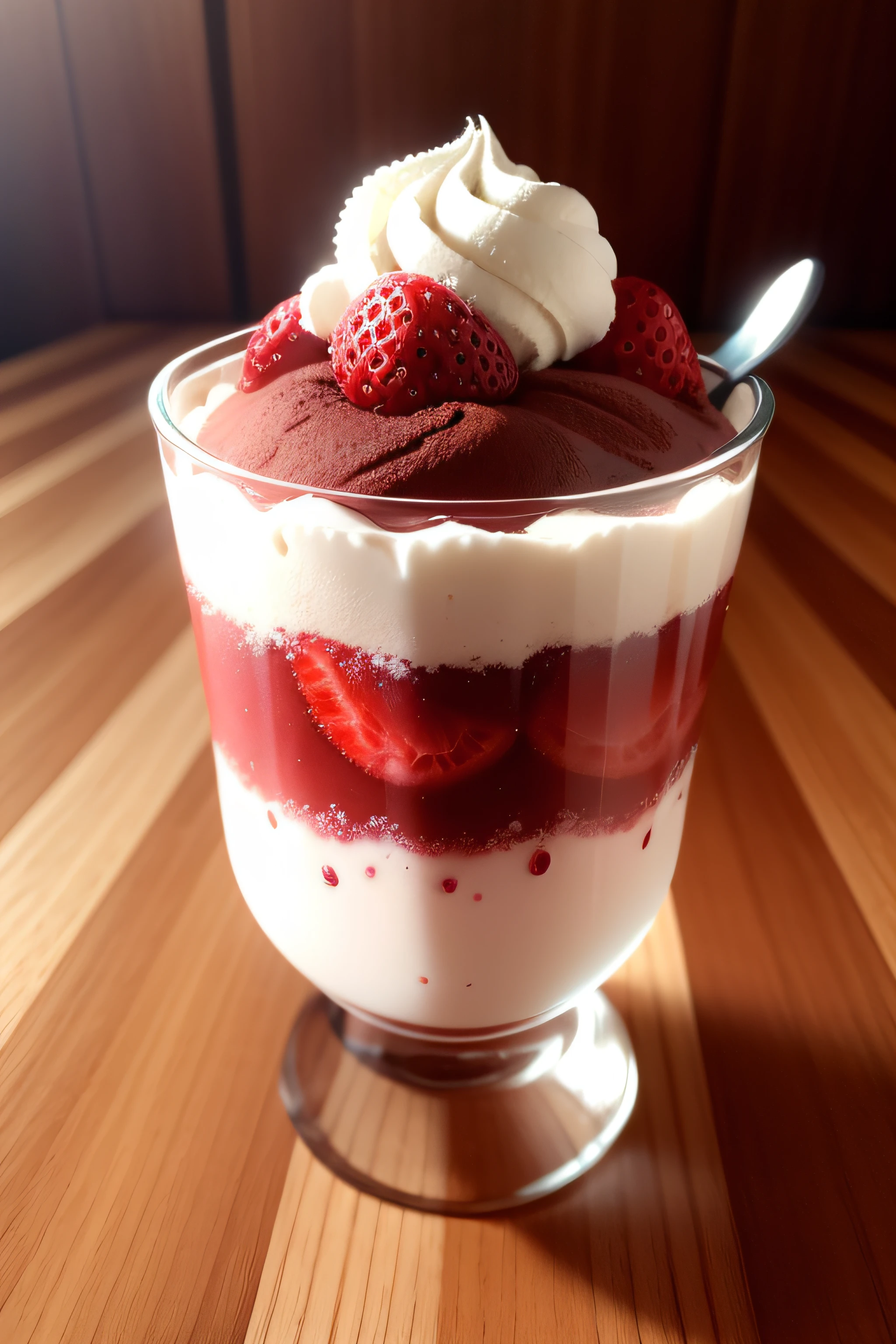 delicioso sorvete de morango em uma casquinha crocante, coberto com chocolate, imagem realista e detalhada
