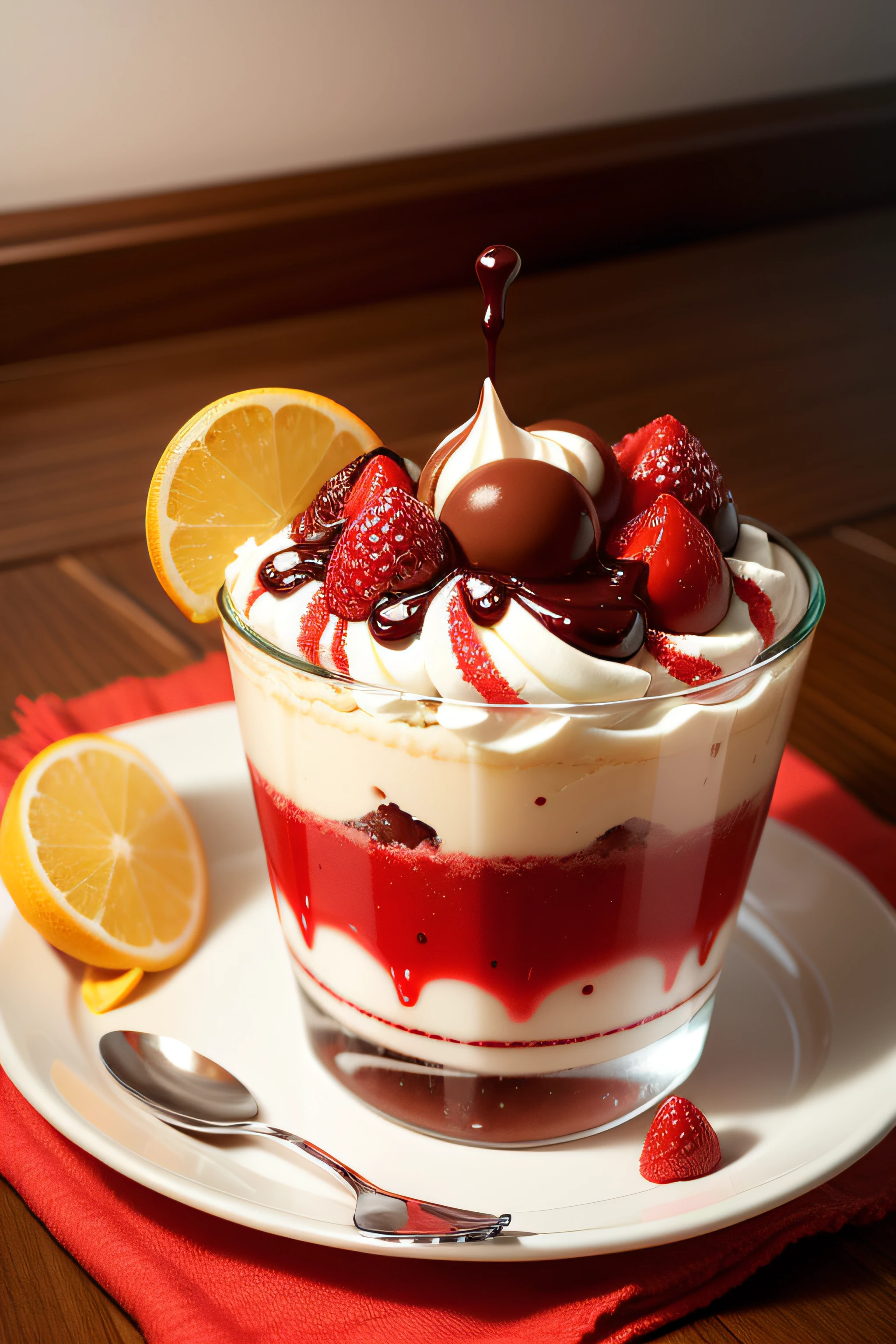 delicioso sorvete de morango em uma casquinha crocante, coberto com chocolate, imagem realista e detalhada