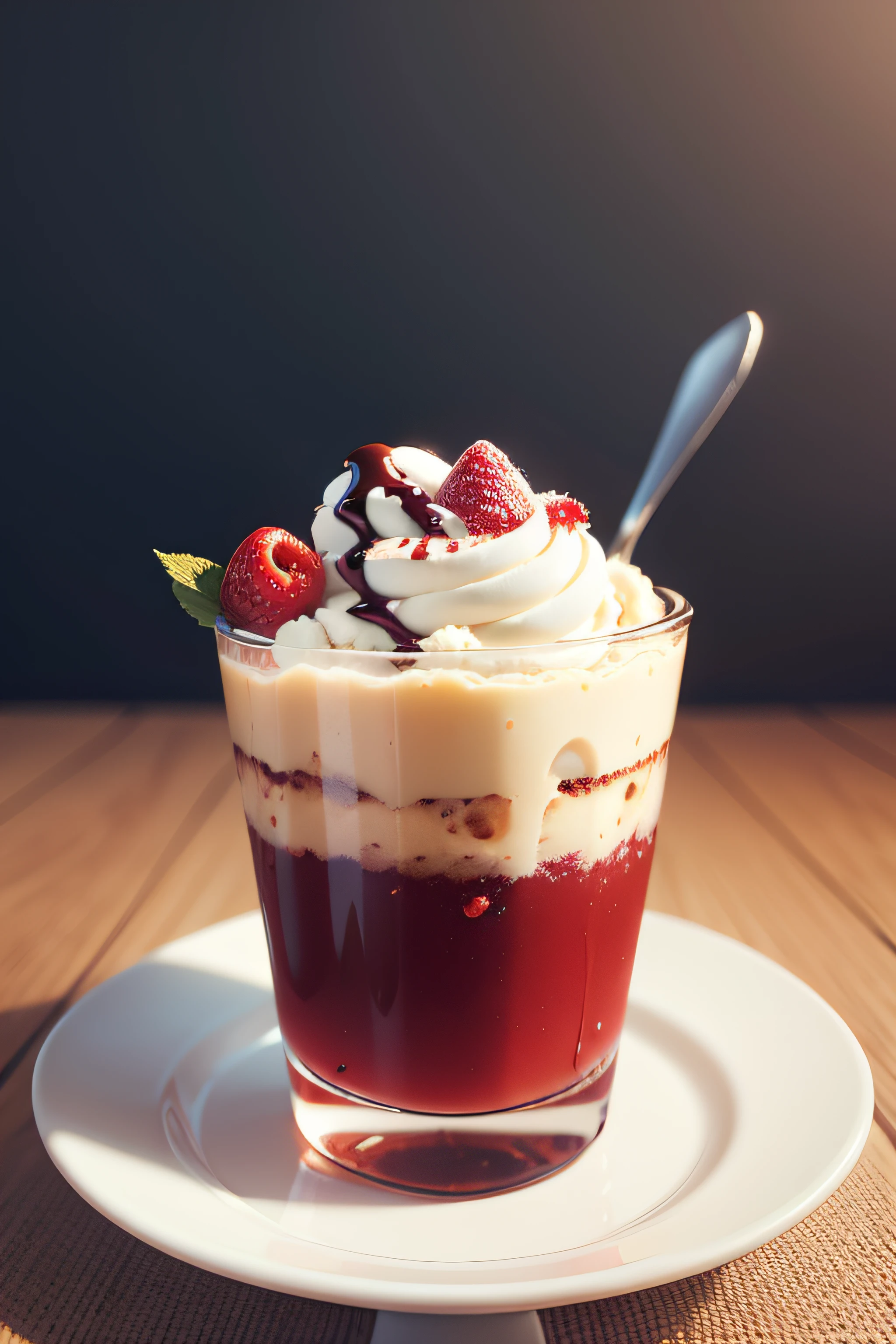 delicioso sorvete de morango em uma casquinha crocante, coberto com chocolate, imagem realista e detalhada