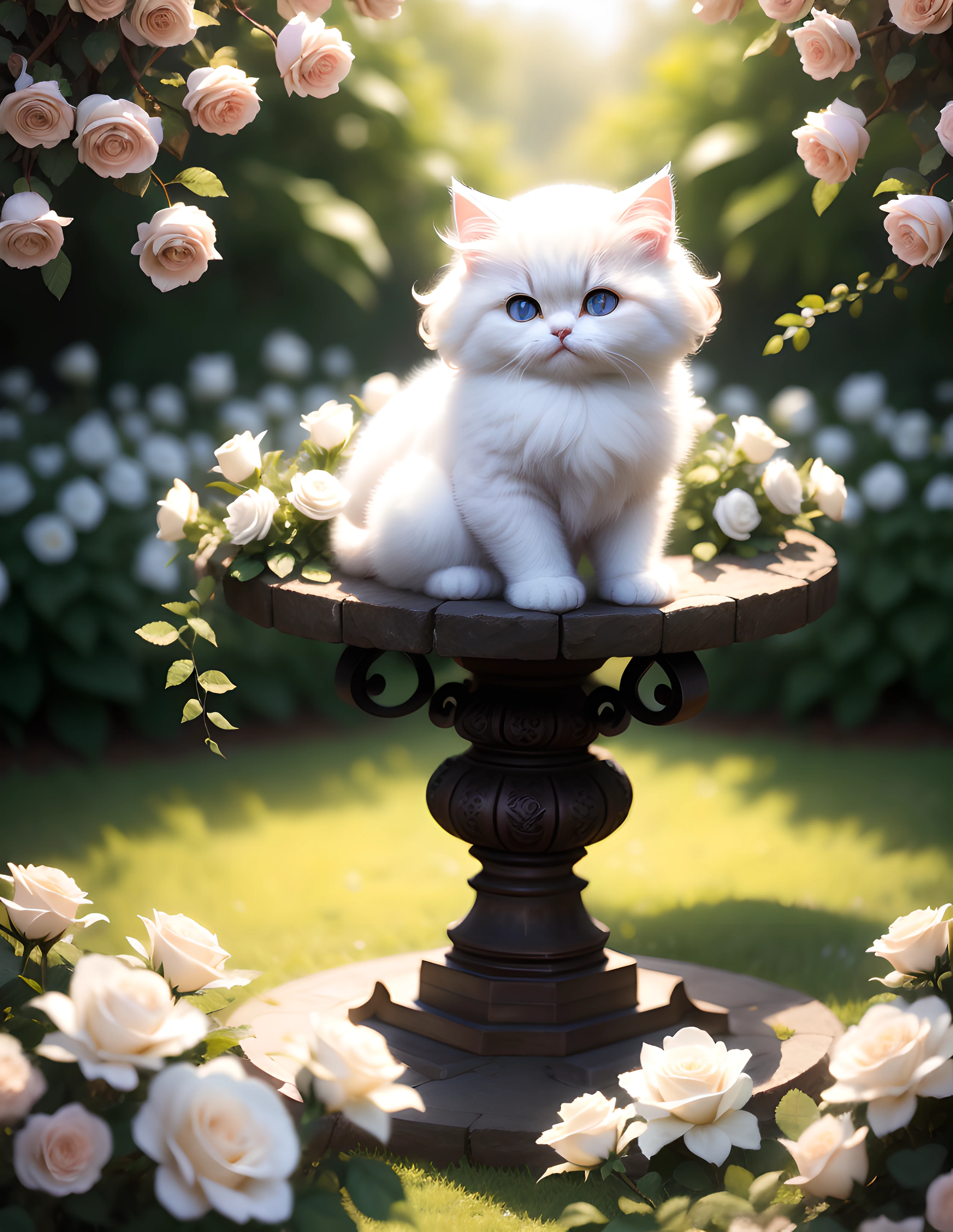 Masterpiece, fluffy white persian kitten sitting next to roses, hyper detailed, high-res photograph, opulent, bokeh, light bloom