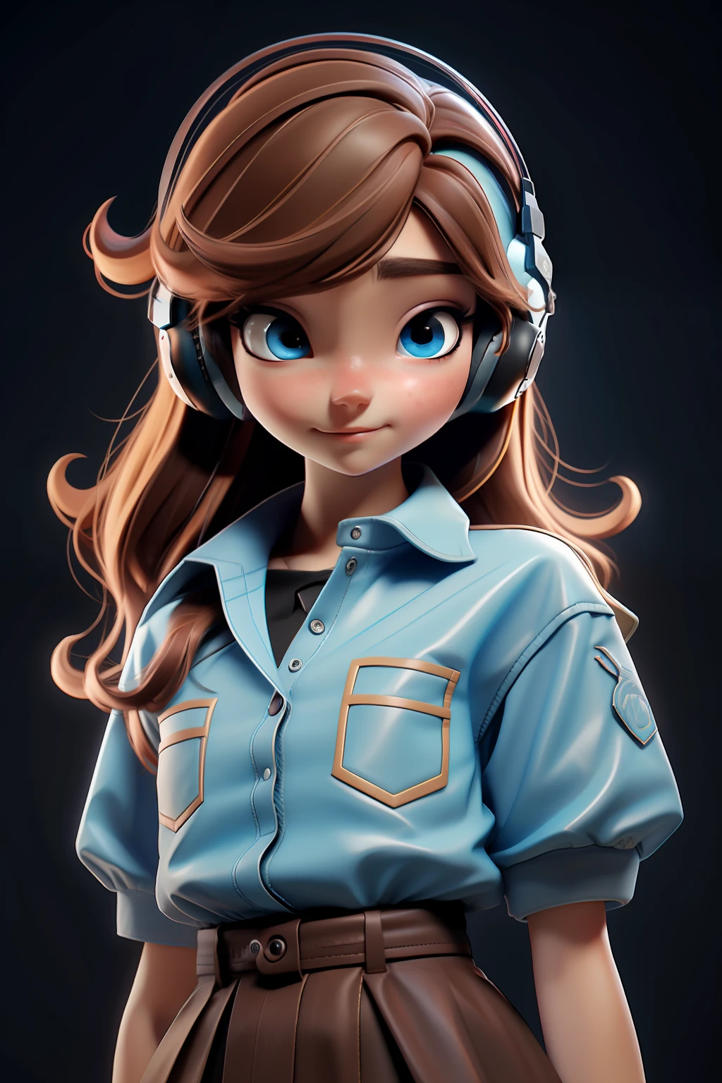 realistic anime style digital art of an 18 year old girl, bright light blue eyes, light brown hair, black skirt, bare legs, black polo shirt, brown leather jacket, looking up, 120 degree angle, using gamer headset, space scenery, floating in space, various other details, 16k ultra HD vivid colors masterpiece ultra cinematic resolution