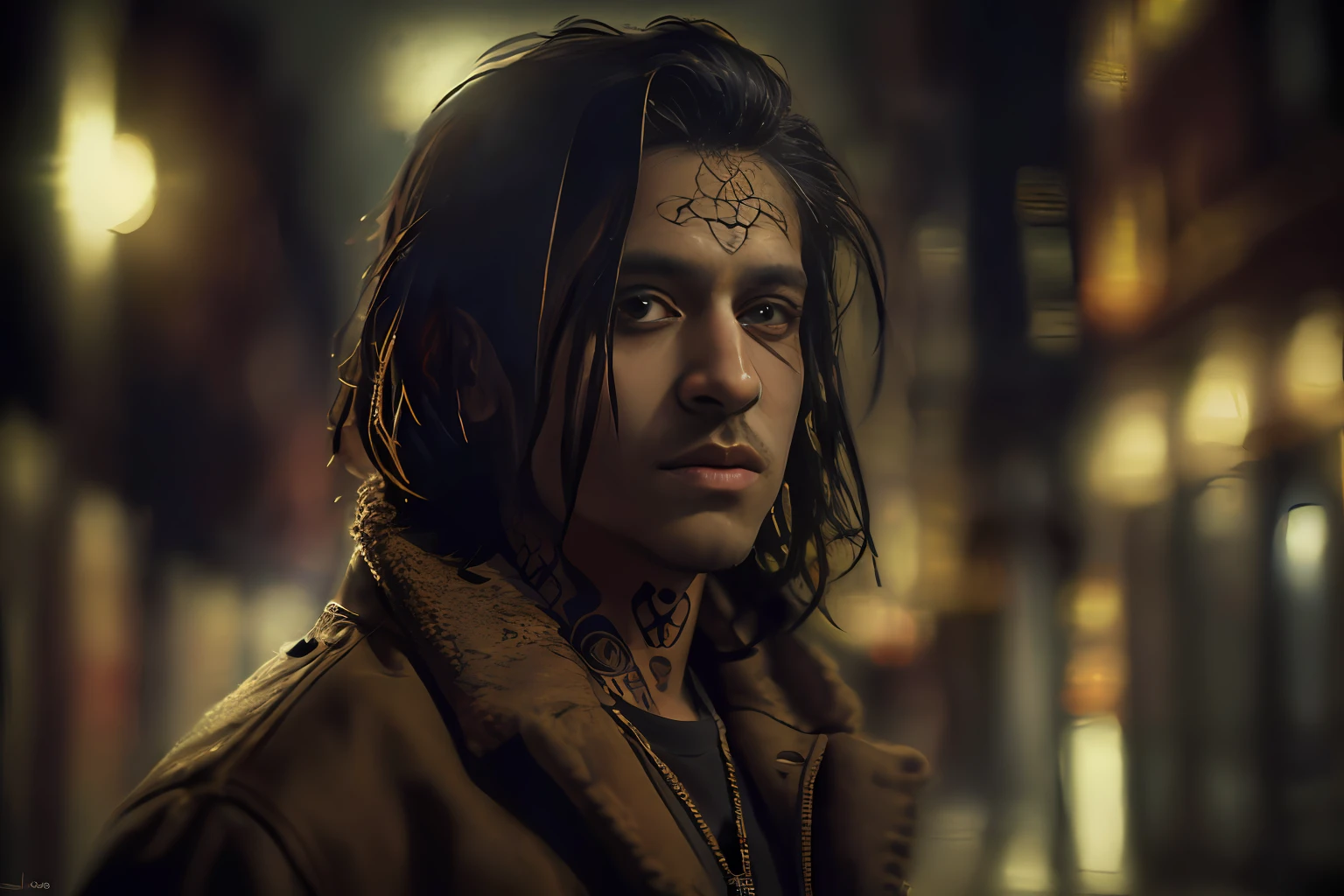 (Character: one egyptian man, black skin:1.4, black medium straight hair) 
(Clothing: brown coat, egyptian amulets, egyptian tattoos)
(Background: dark alley at night:1.3, intense urban lights in background) 
(Style: ((masterpiece:1.5)), (face detailed), photo-realistic:1.3, hyperrealistic, film grain, realistic lighting, backlighting:1.3)